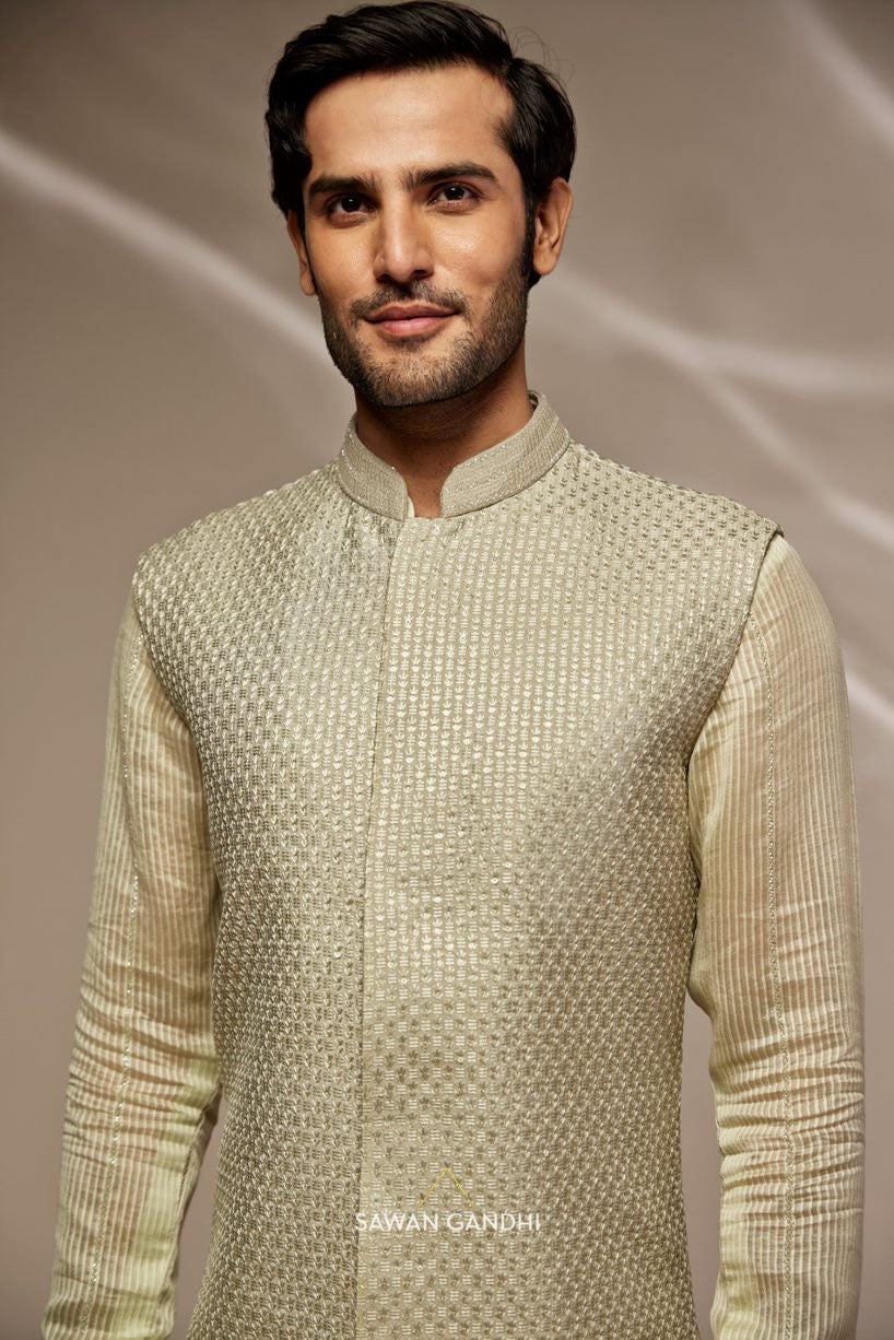 Pista green Nehru and ghicha organza kurta