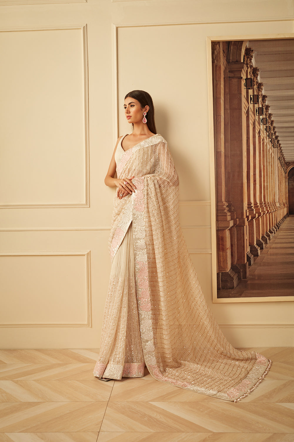 Ivory ghicha floral border saree set