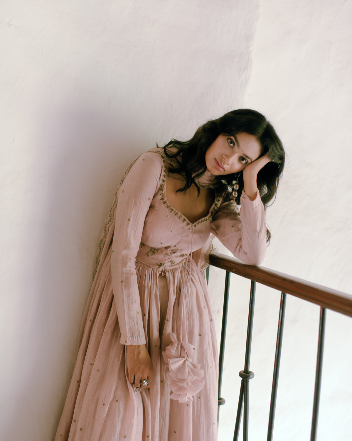 Powder Pink Thread Anarkali And Sharara Set
