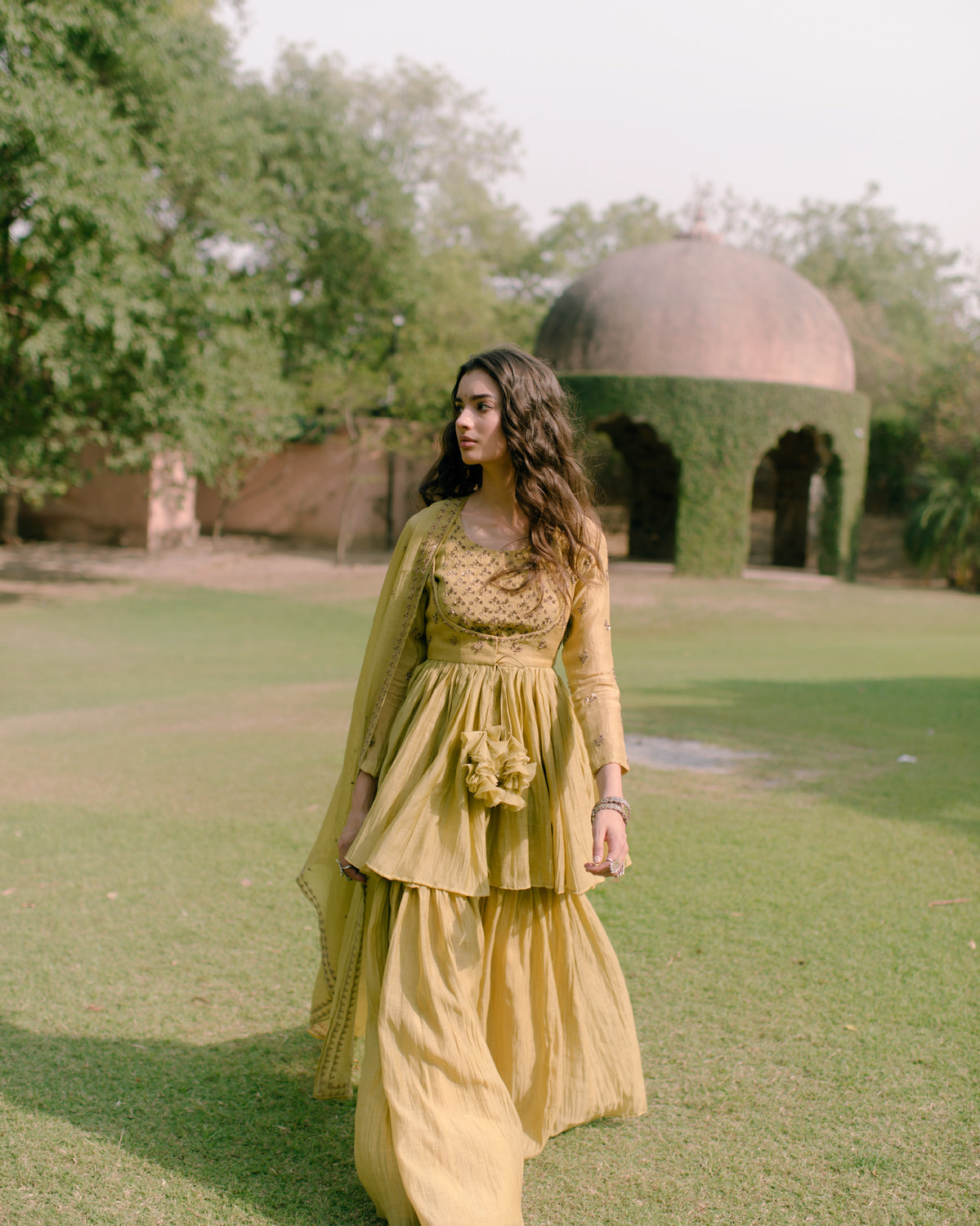 Parrot Green Thread Peplum And Sharara Set