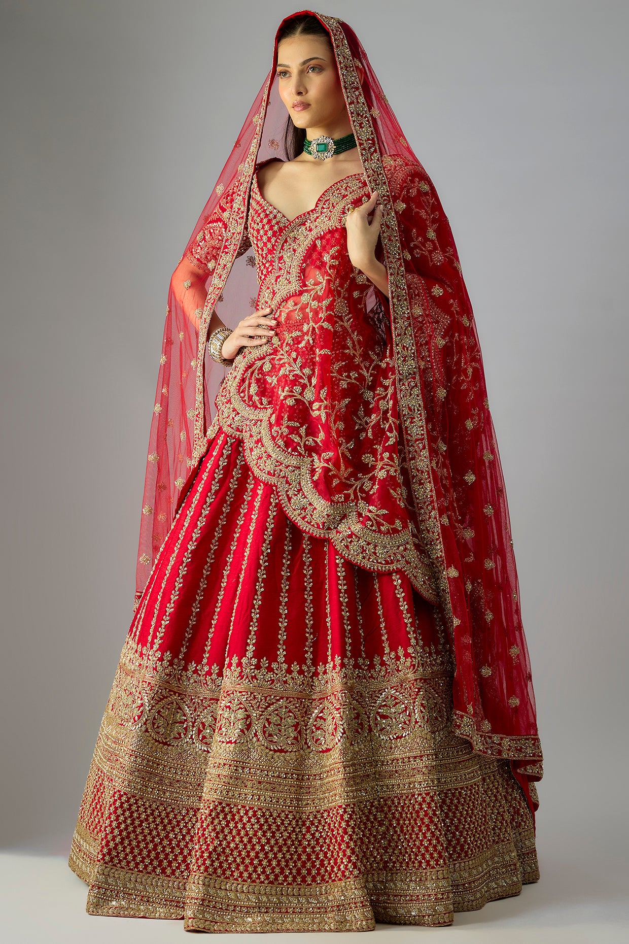 ALiA RED RAW SILK ZARDOSI HAND EMBROIDERED LEHENGA SET