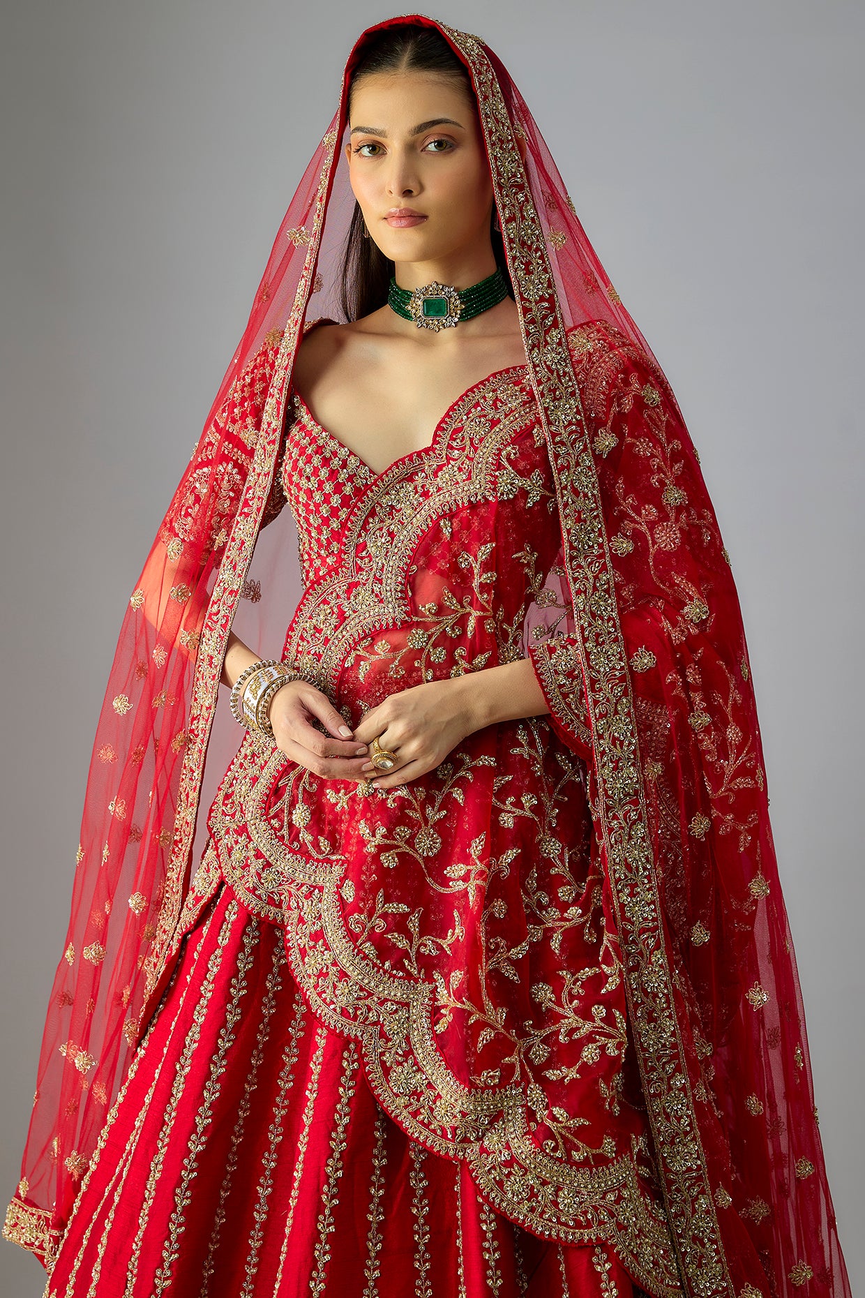 ALiA RED RAW SILK ZARDOSI HAND EMBROIDERED LEHENGA SET