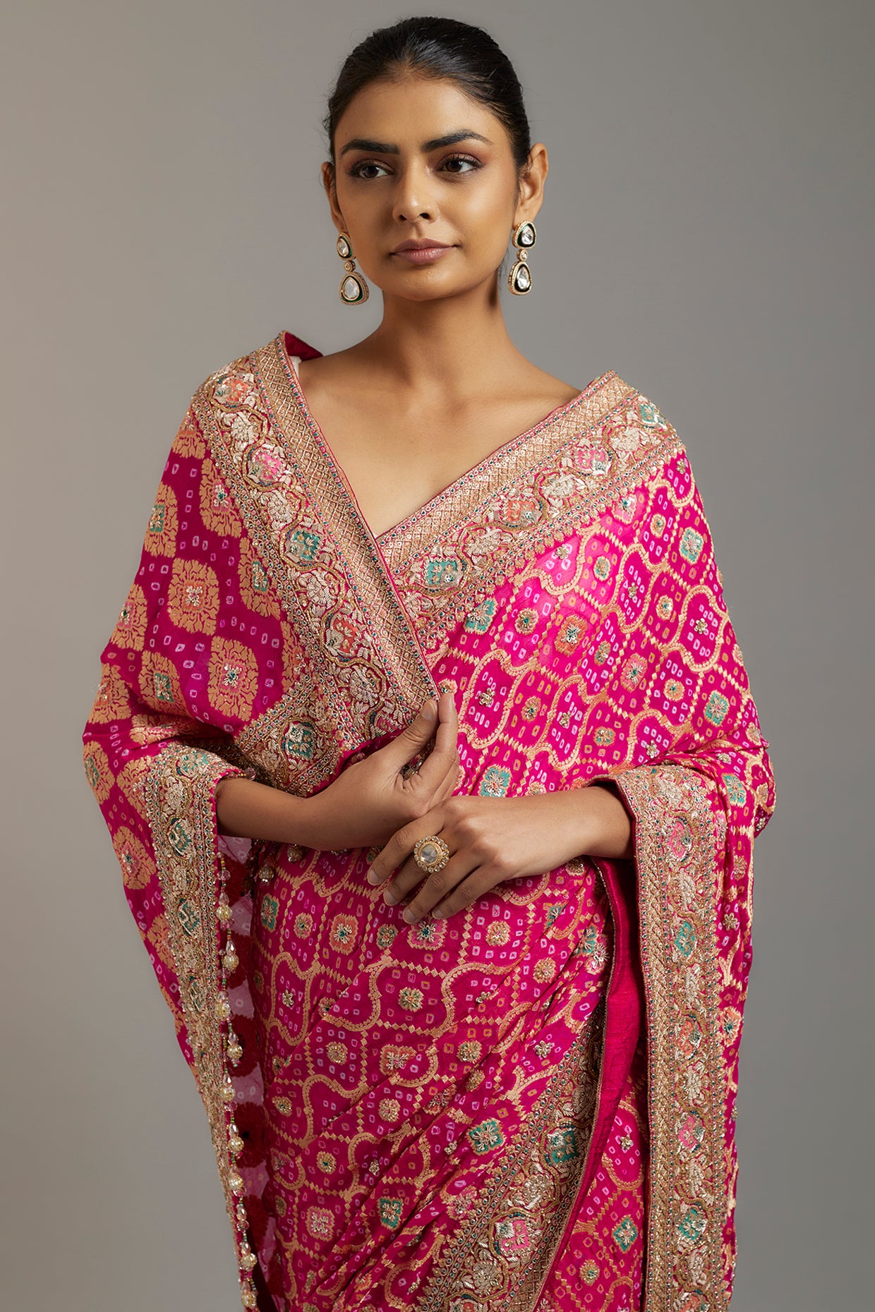 DIA RANI PINK SILK EMBROIDERED BANDHEJ PATOLA SAREE SET