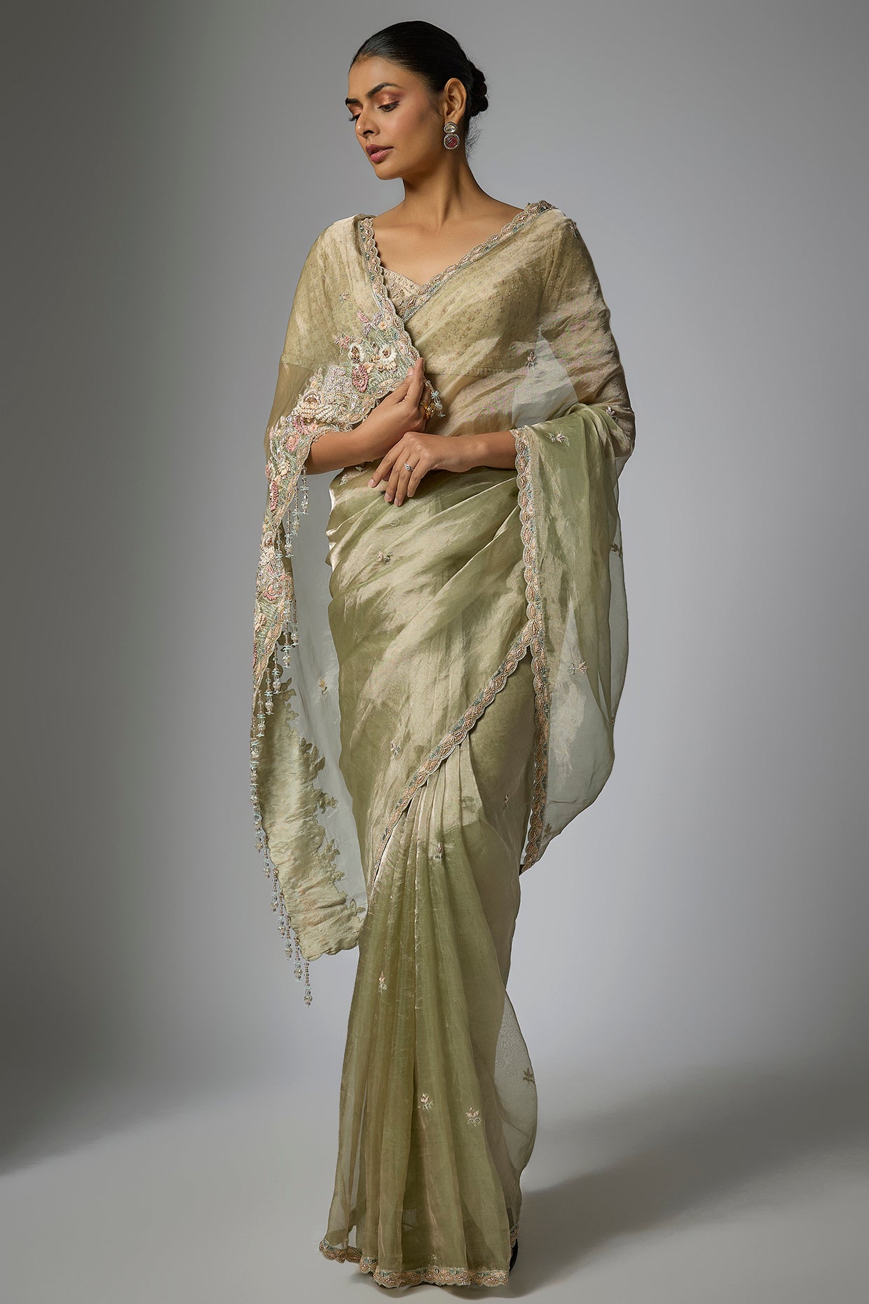 RIMMY MINT GREEN TISSUE HAND & MACHINE EMBROIDERED SAREE SET
