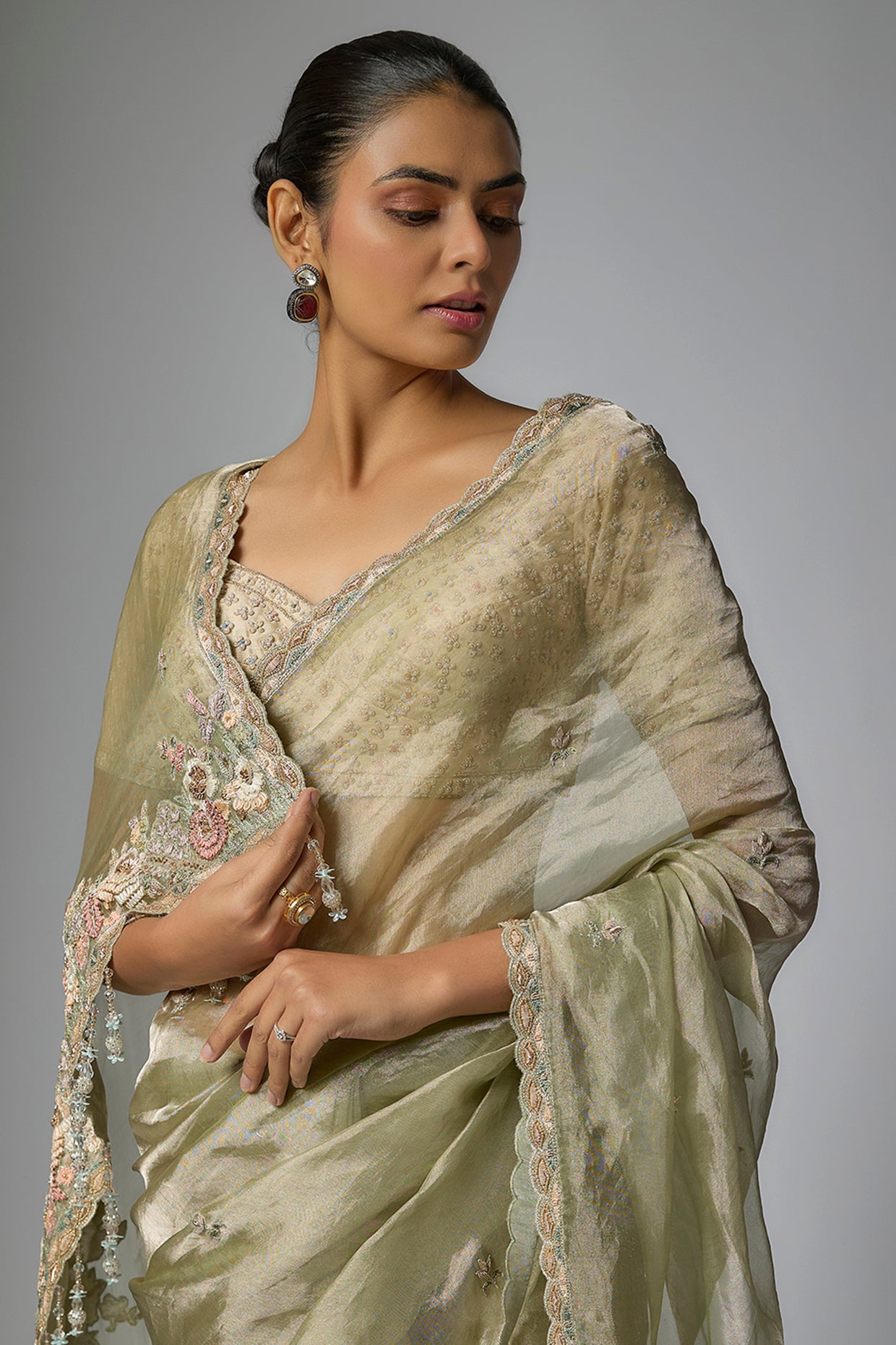 RIMMY MINT GREEN TISSUE HAND & MACHINE EMBROIDERED SAREE SET