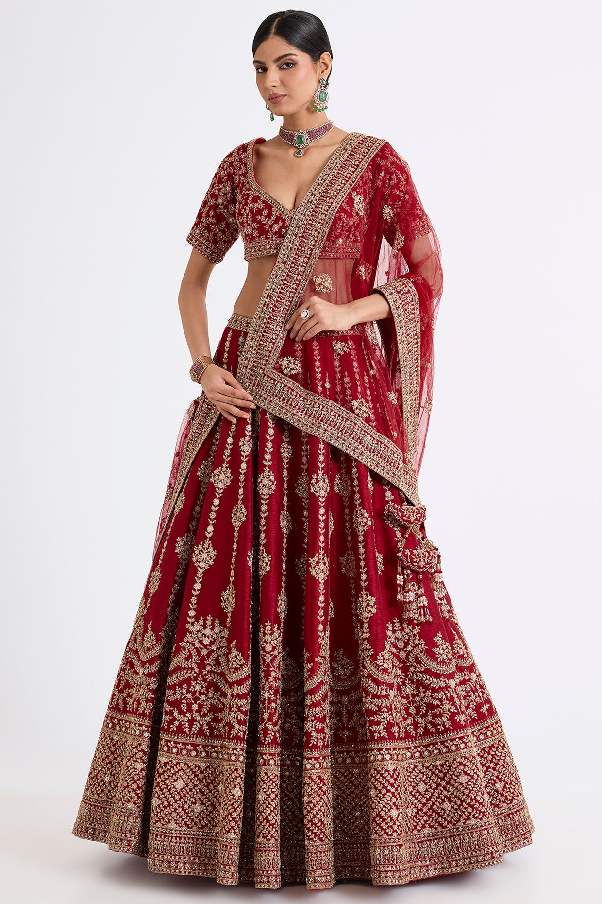 MADHURI MAROON RED RAW SILK ZARI HAND & MACHINE EMBROIDERED LEHENGA SET