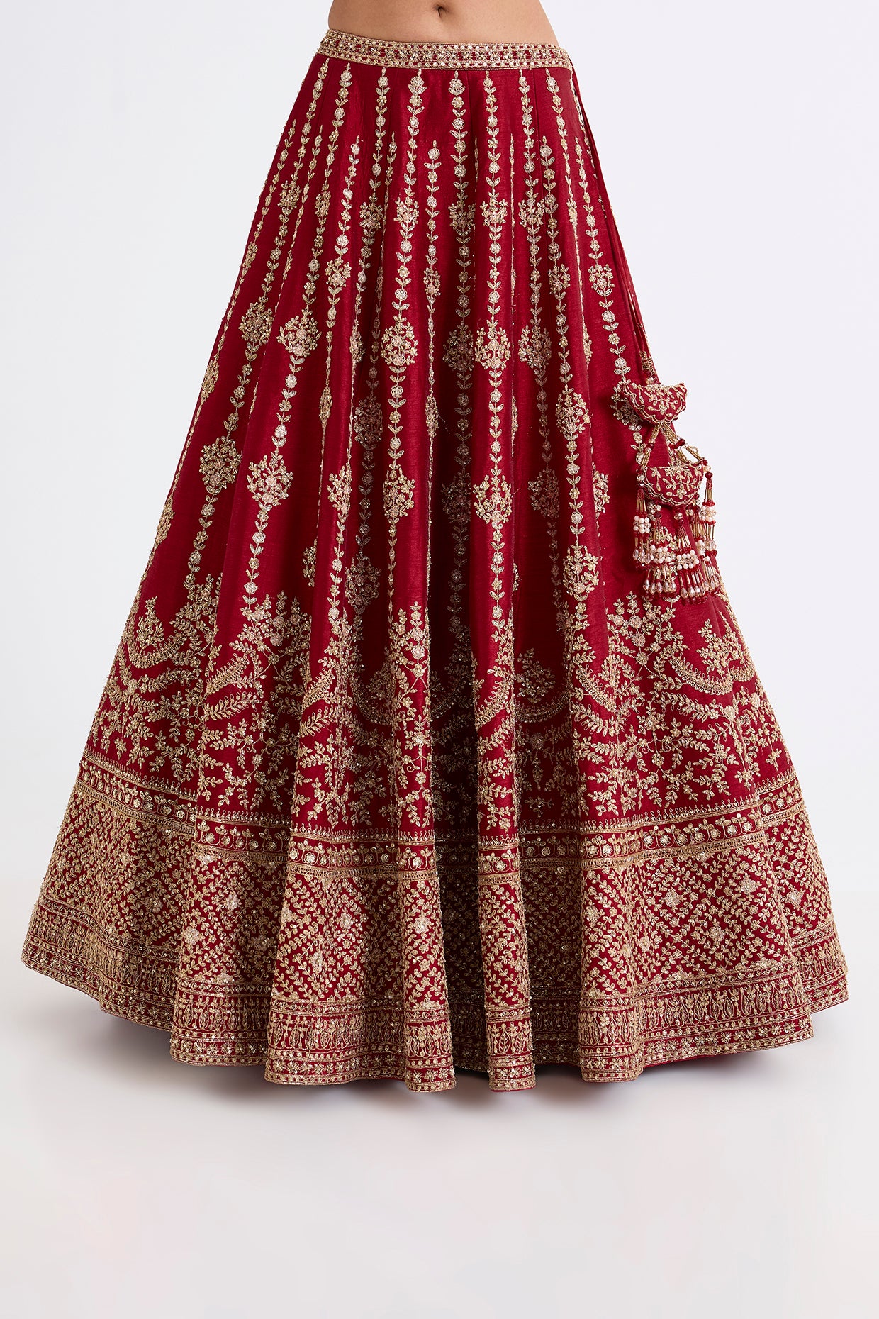 MADHURI MAROON RED RAW SILK ZARI HAND & MACHINE EMBROIDERED LEHENGA SET