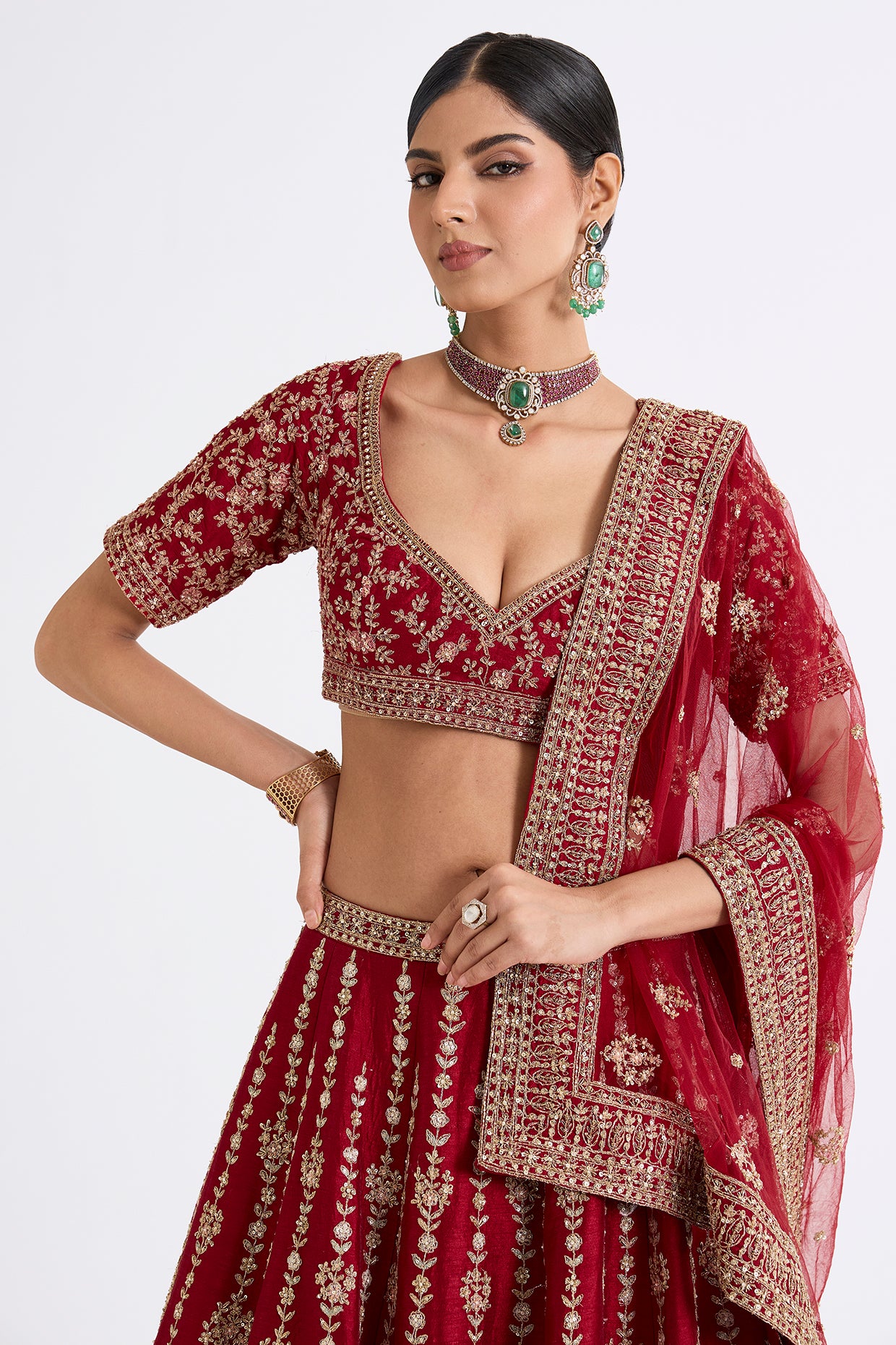 MADHURI MAROON RED RAW SILK ZARI HAND & MACHINE EMBROIDERED LEHENGA SET