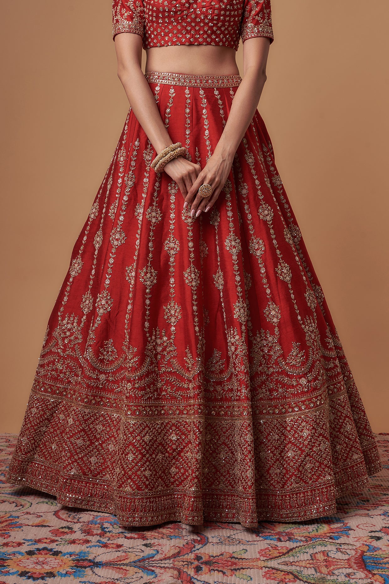 LILY RED RAW SILK SEQUINS & CUTDANA EMBROIDERED LEHENGA SET