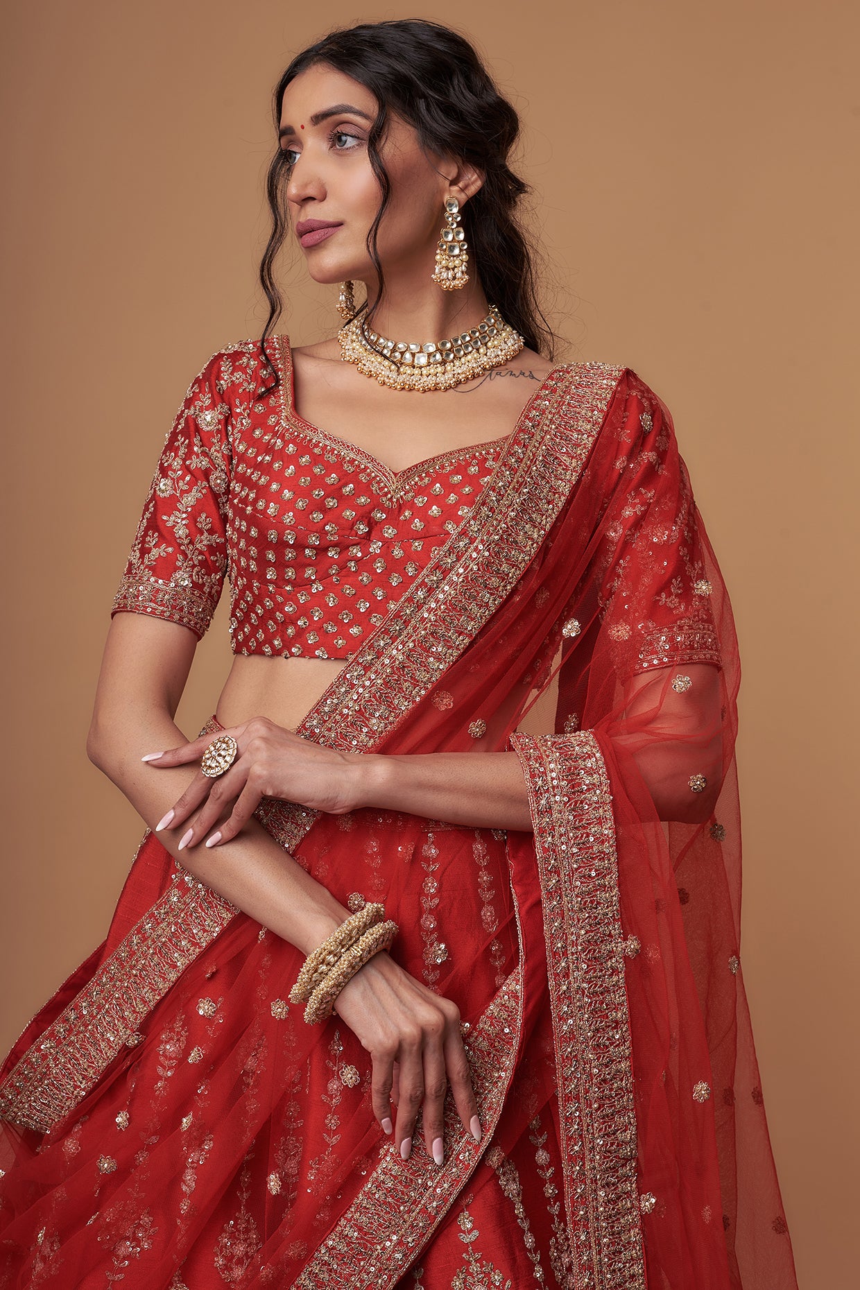 LILY RED RAW SILK SEQUINS & CUTDANA EMBROIDERED LEHENGA SET