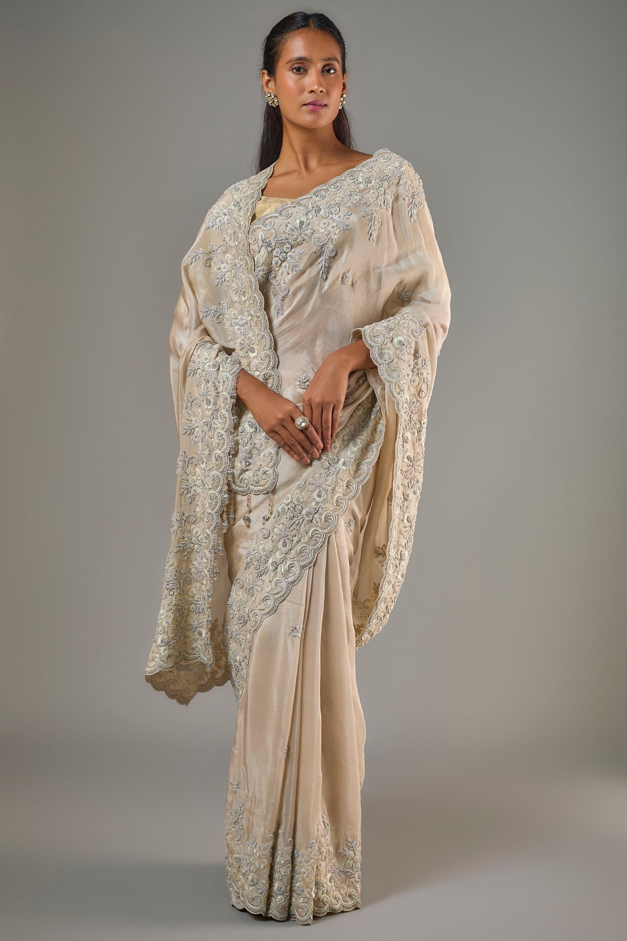 REKHA GOLD TISSUE HAND & MACHINE EMBROIDERED SAREE SET