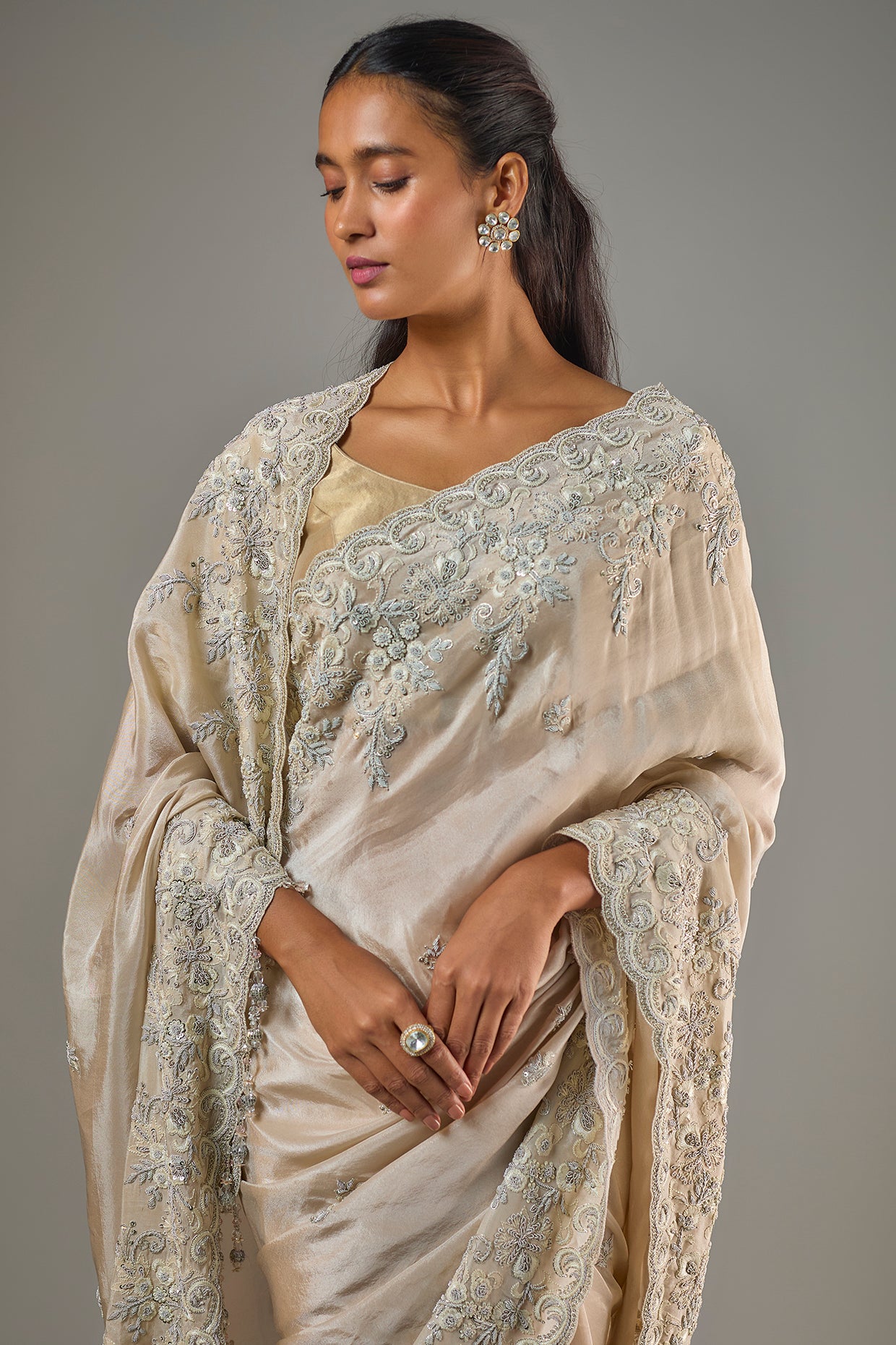 REKHA GOLD TISSUE HAND & MACHINE EMBROIDERED SAREE SET