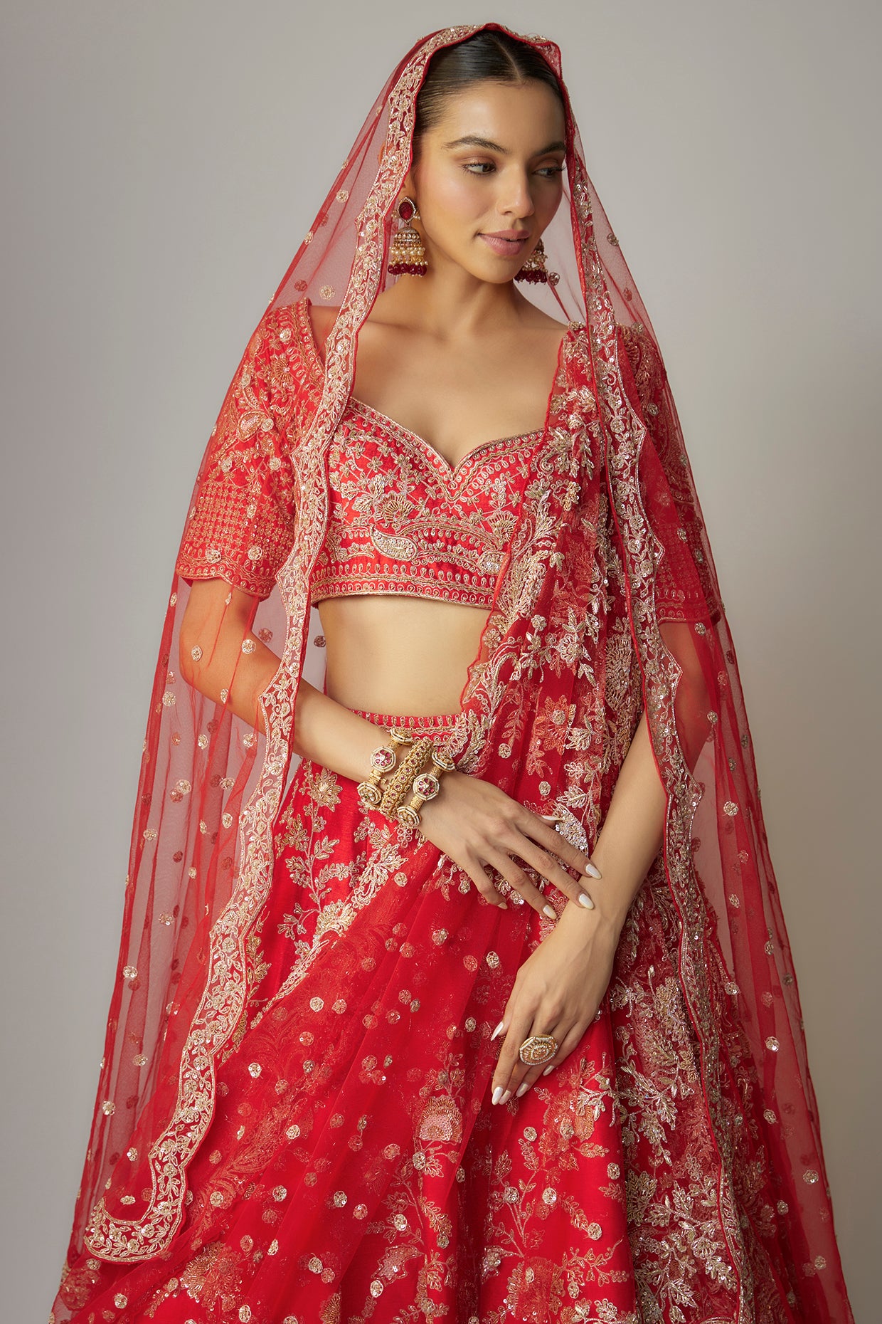 MAAHI RED RAW SILK ZARI HAND & MACHINE EMBROIDERED LEHENGA SET