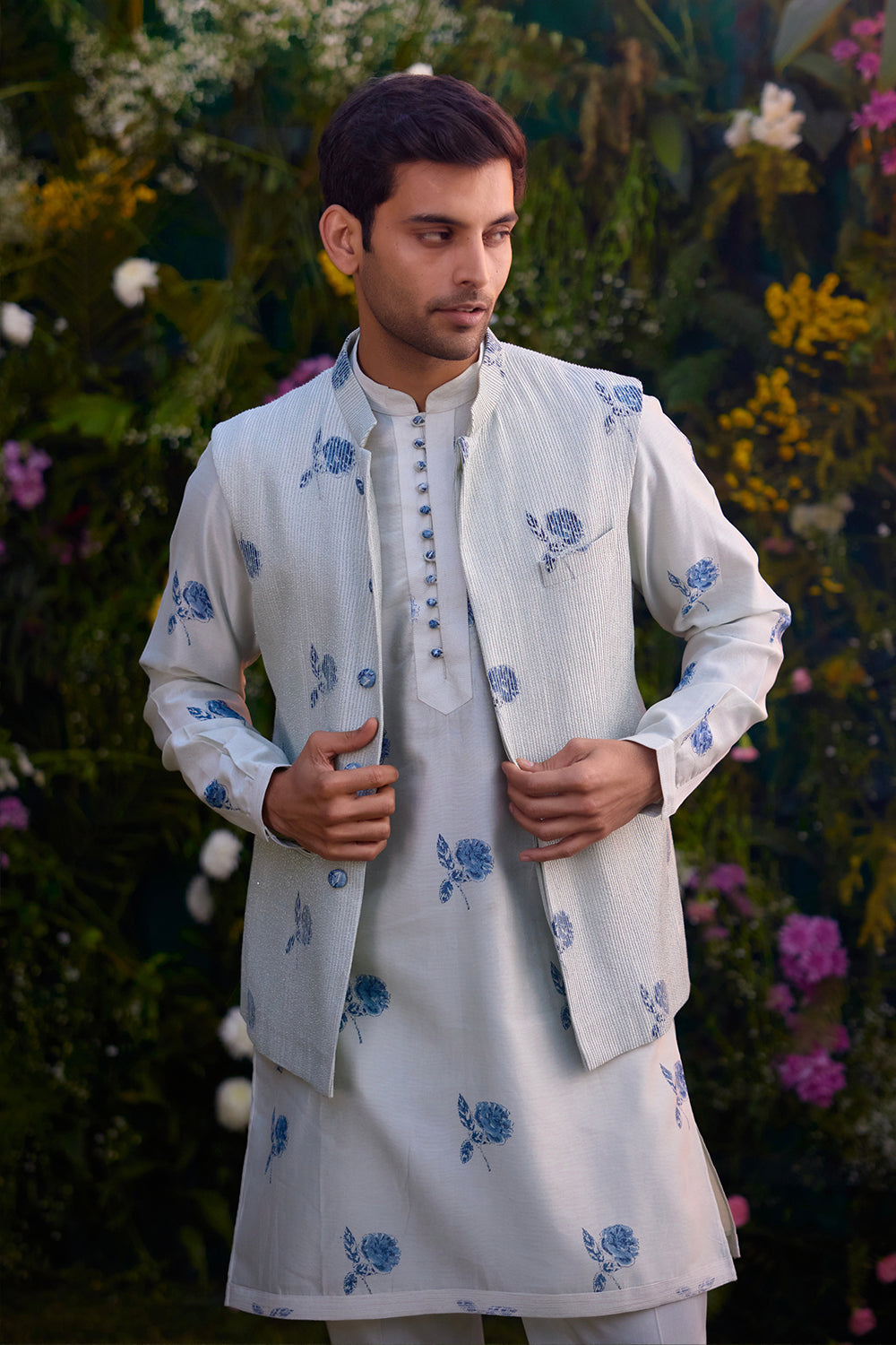 Illusion Blue Kurta & Waistcoat Set