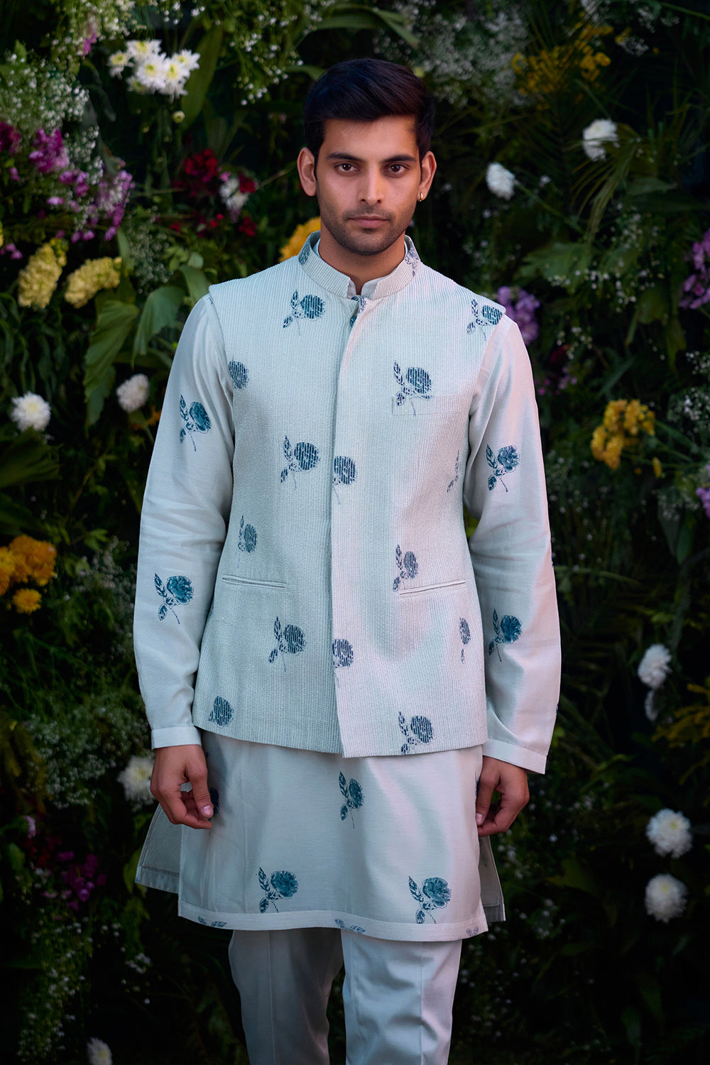 Illusion Blue Kurta & Waistcoat Set