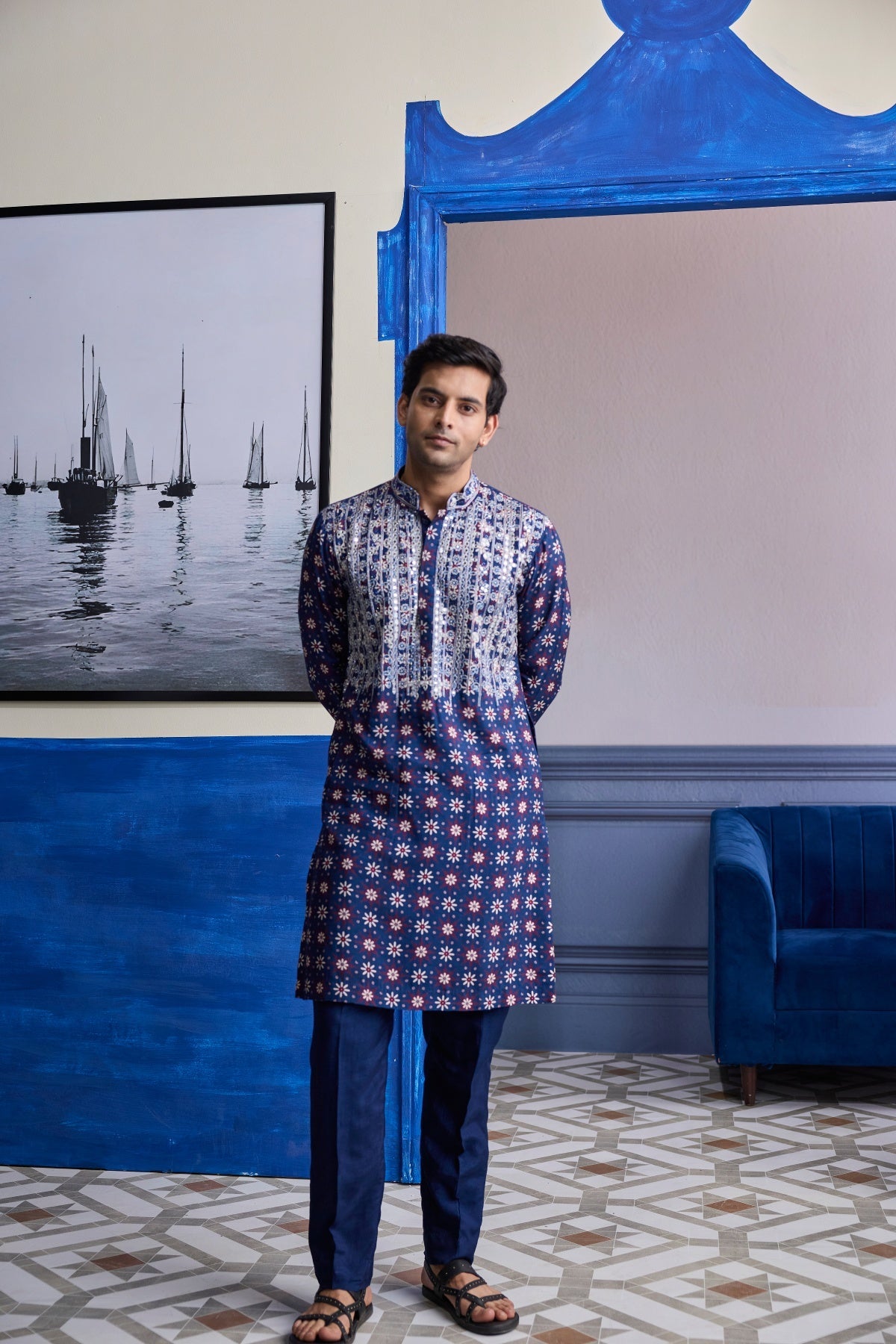 Dark Blue Print Hilighted Kurta With Solid Pants