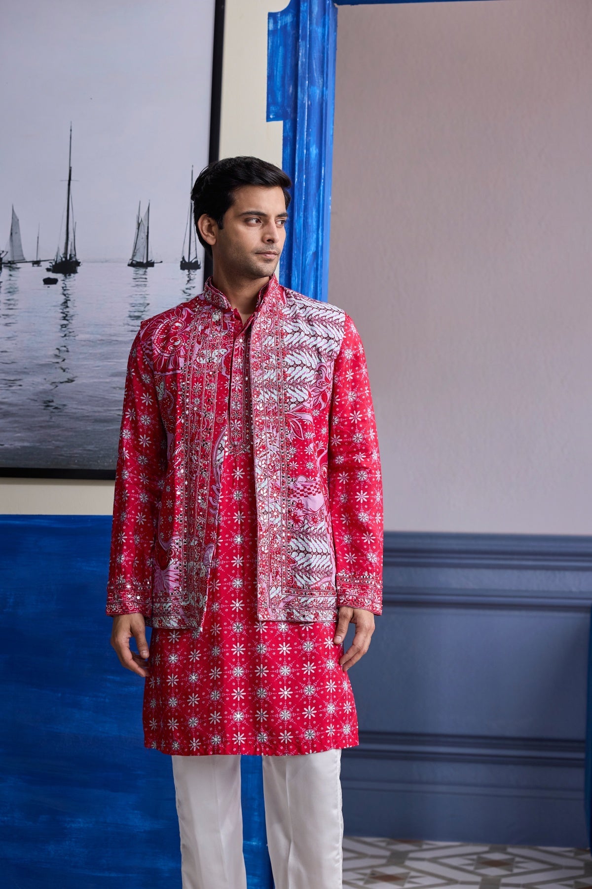 Red Print Highlighted Kurta With Print Embroidered Bundi And Ivory Pants