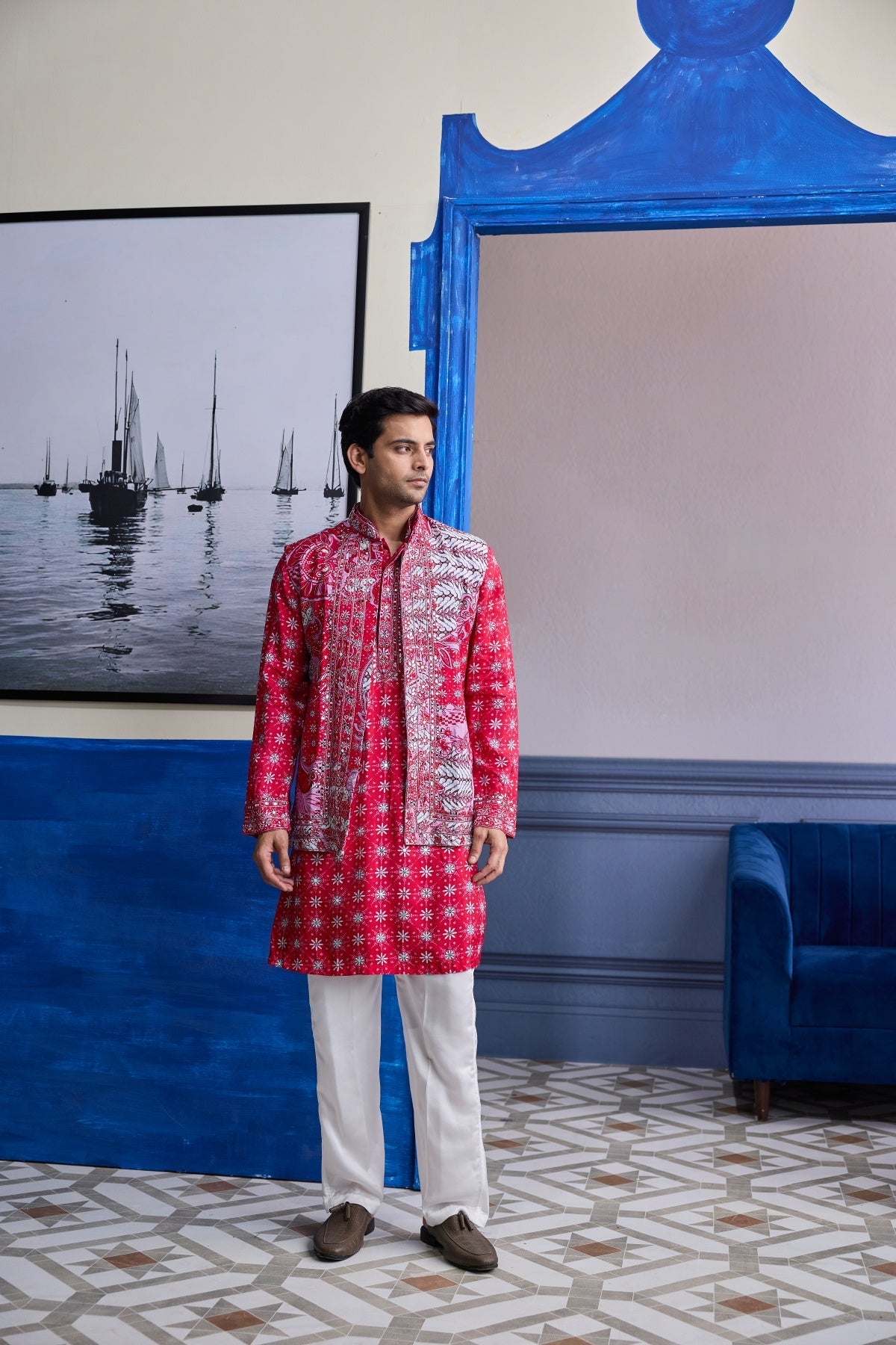 Red Print Highlighted Kurta With Print Embroidered Bundi And Ivory Pants