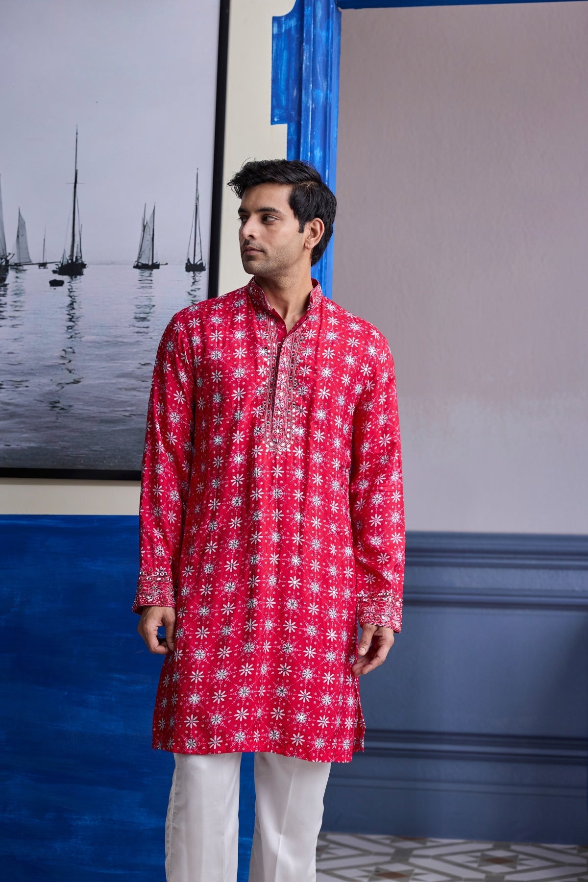Red Butta Print Highlighted Kurta With Ivory Pants
