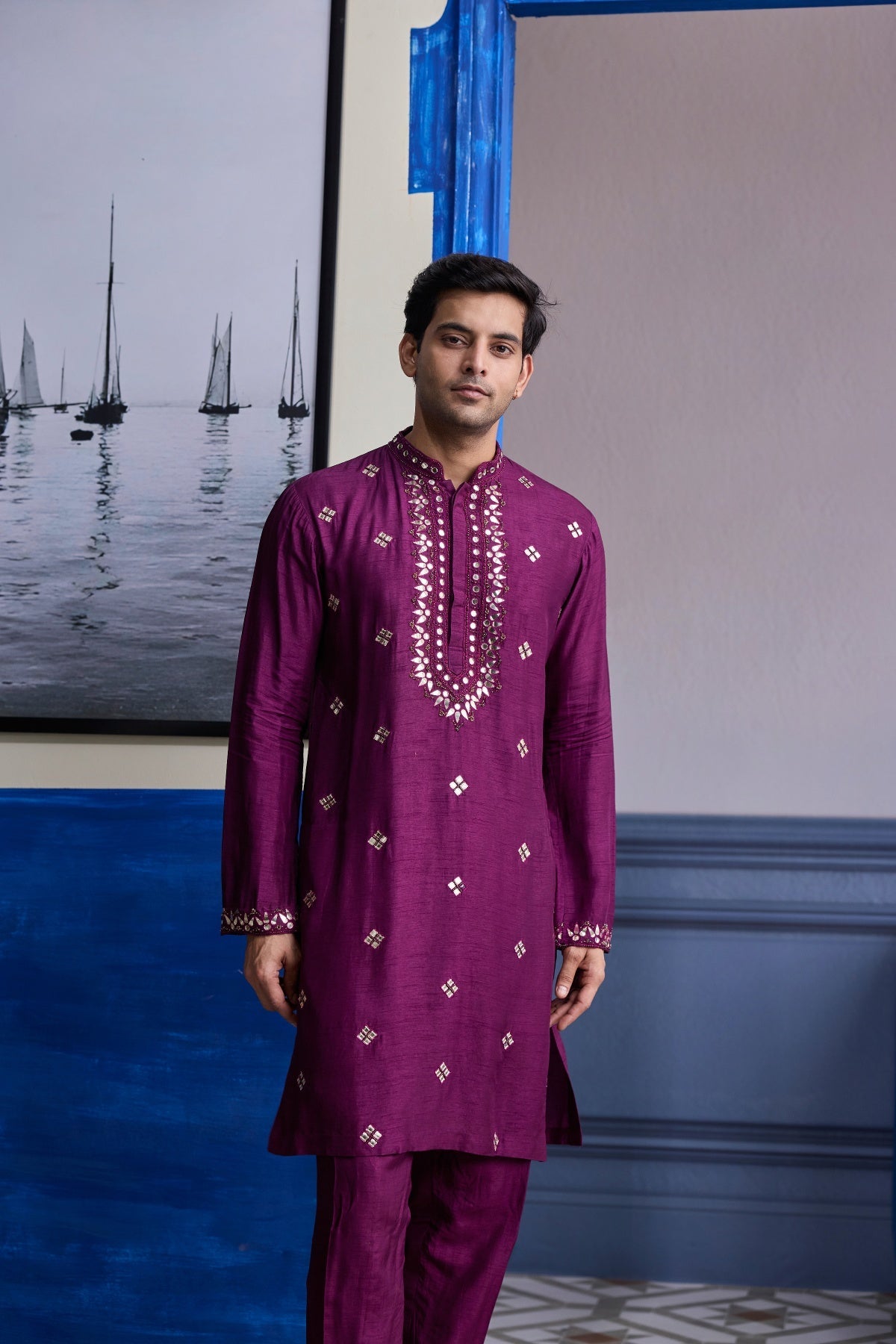 Plum Print Highlighted Bundi With Solid Embroidered Kurta With Solid Pants