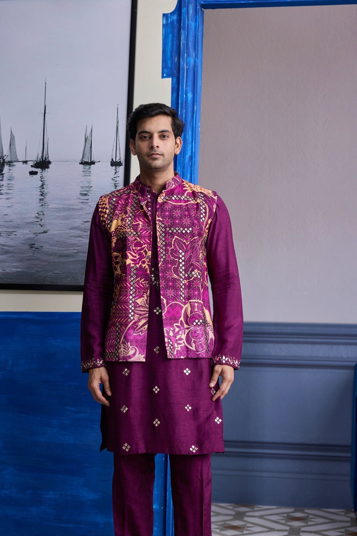 Plum Print Highlighted Bundi With Solid Embroidered Kurta With Solid Pants