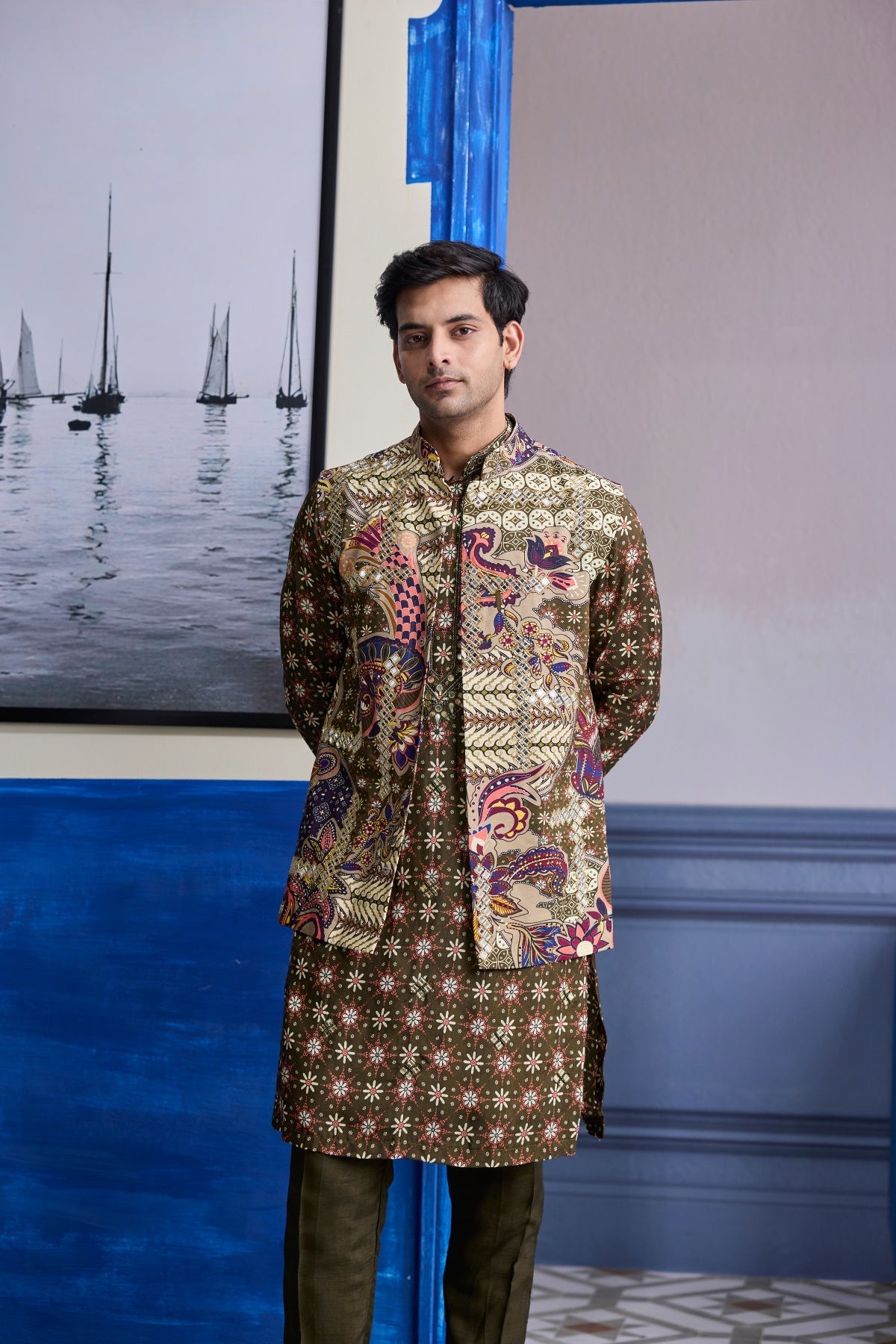 Olive Butta Highlighted Kurta With Olive Print Highlighted Bundi Jacket Paierd With Solid Pants