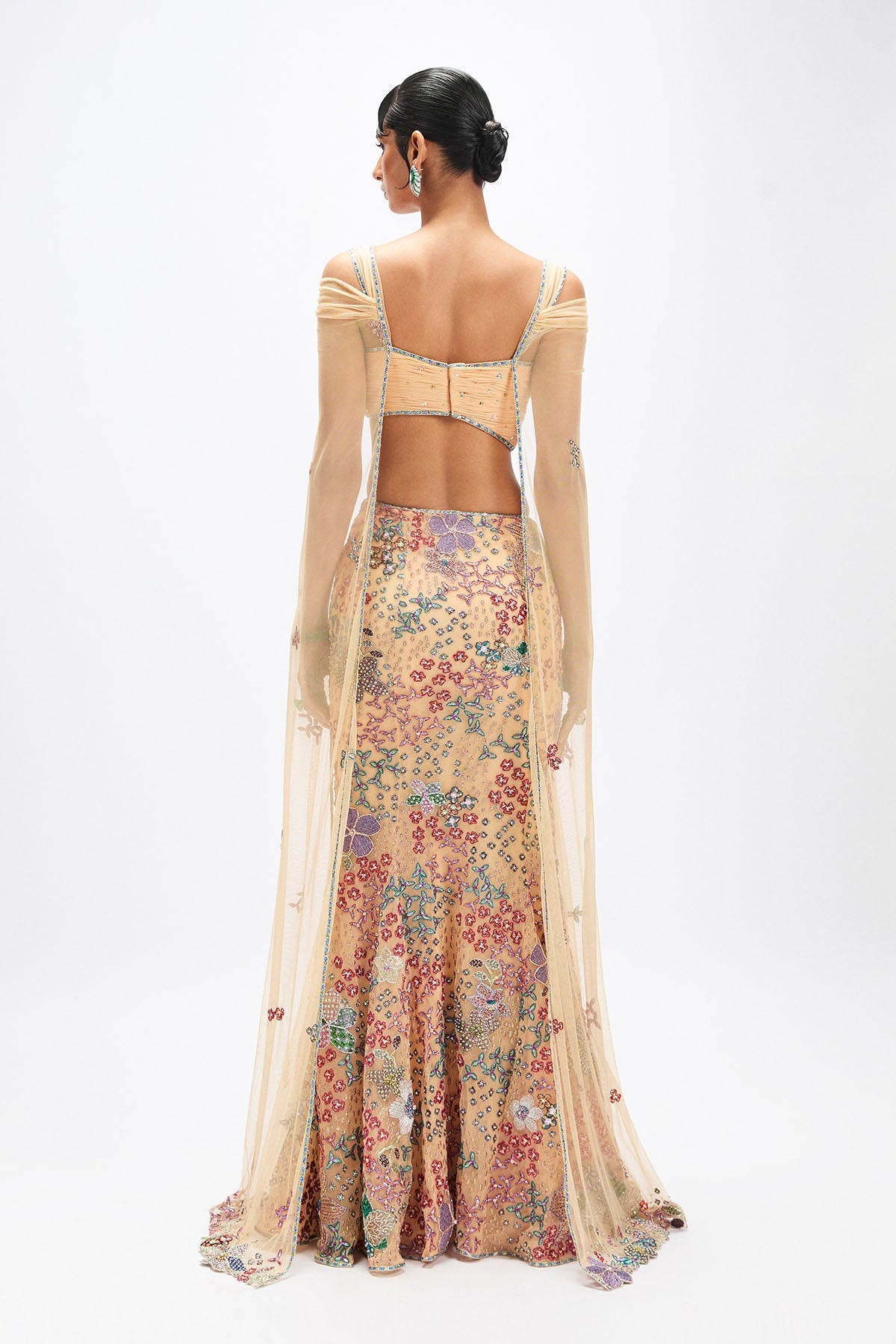 Dunefleur - Beige Tulle Net Mermaid Lehenga Set