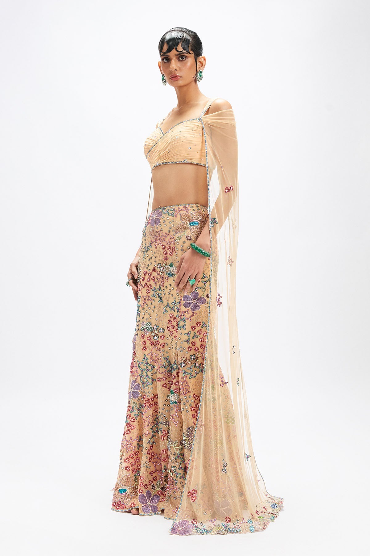 Dunefleur - Beige Tulle Net Mermaid Lehenga Set