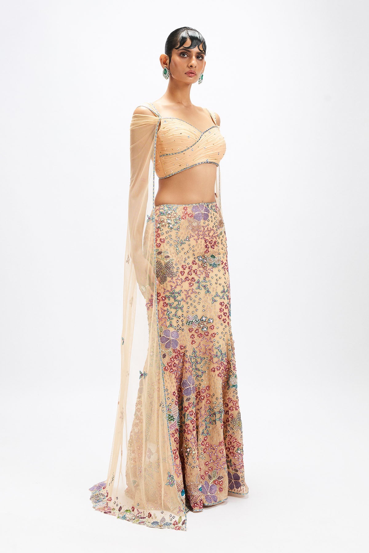 Dunefleur - Beige Tulle Net Mermaid Lehenga Set