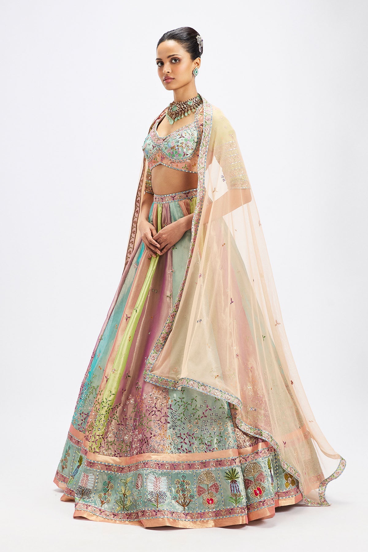 Camélia - Pop Multicoloured Tissue Lehenga Set