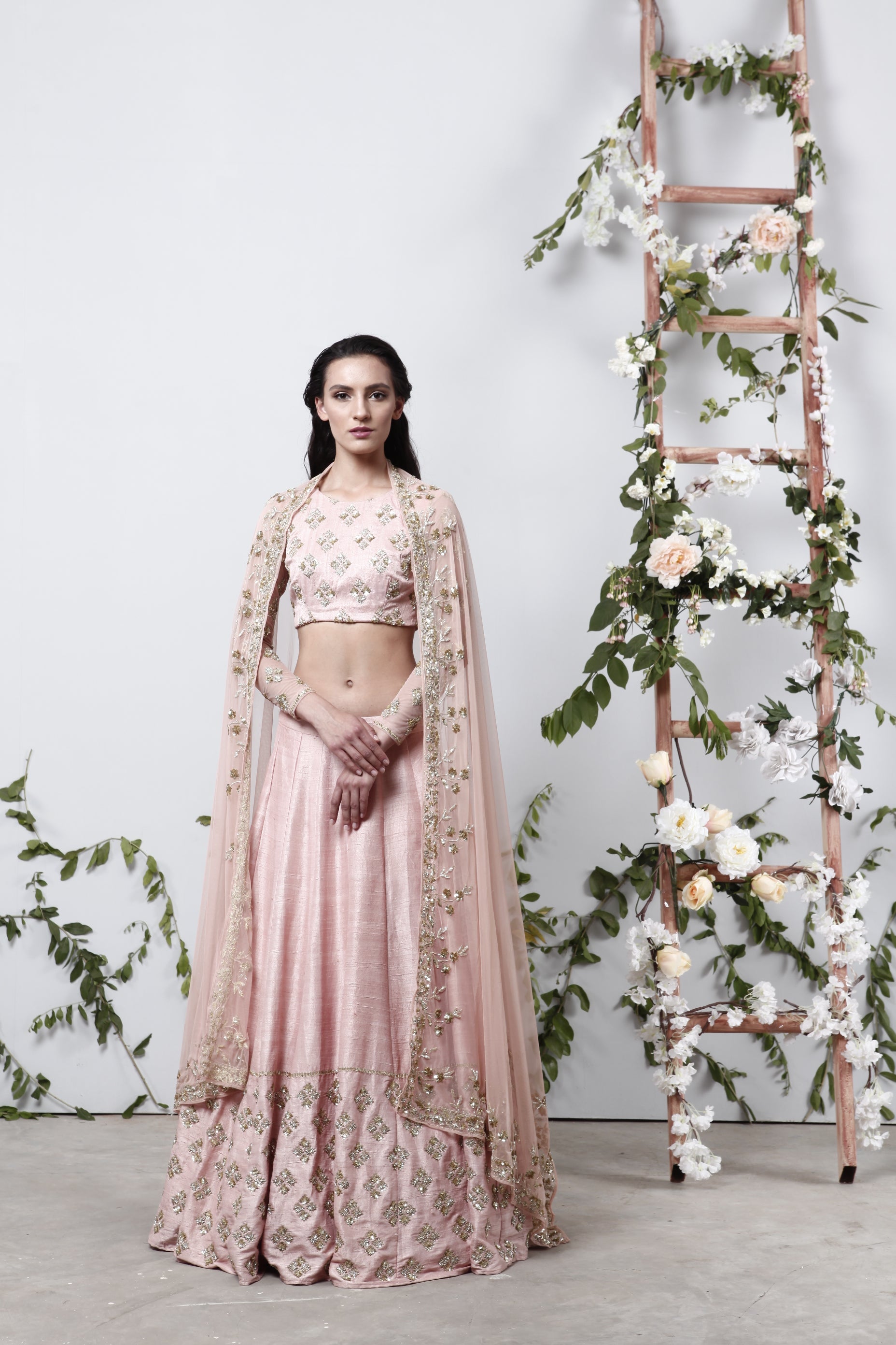 Pink Raw Silk With Square Booties Lehenga Set