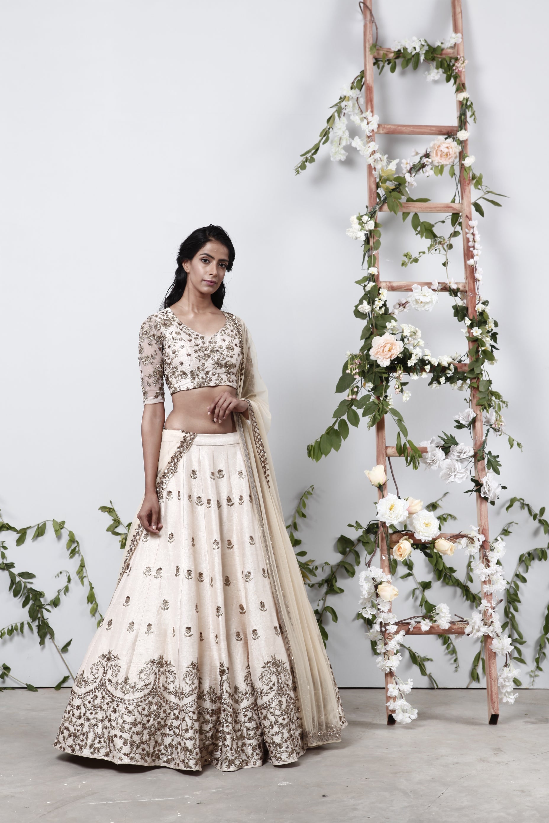 Cream Raw Silk Lehenga With Zari Work