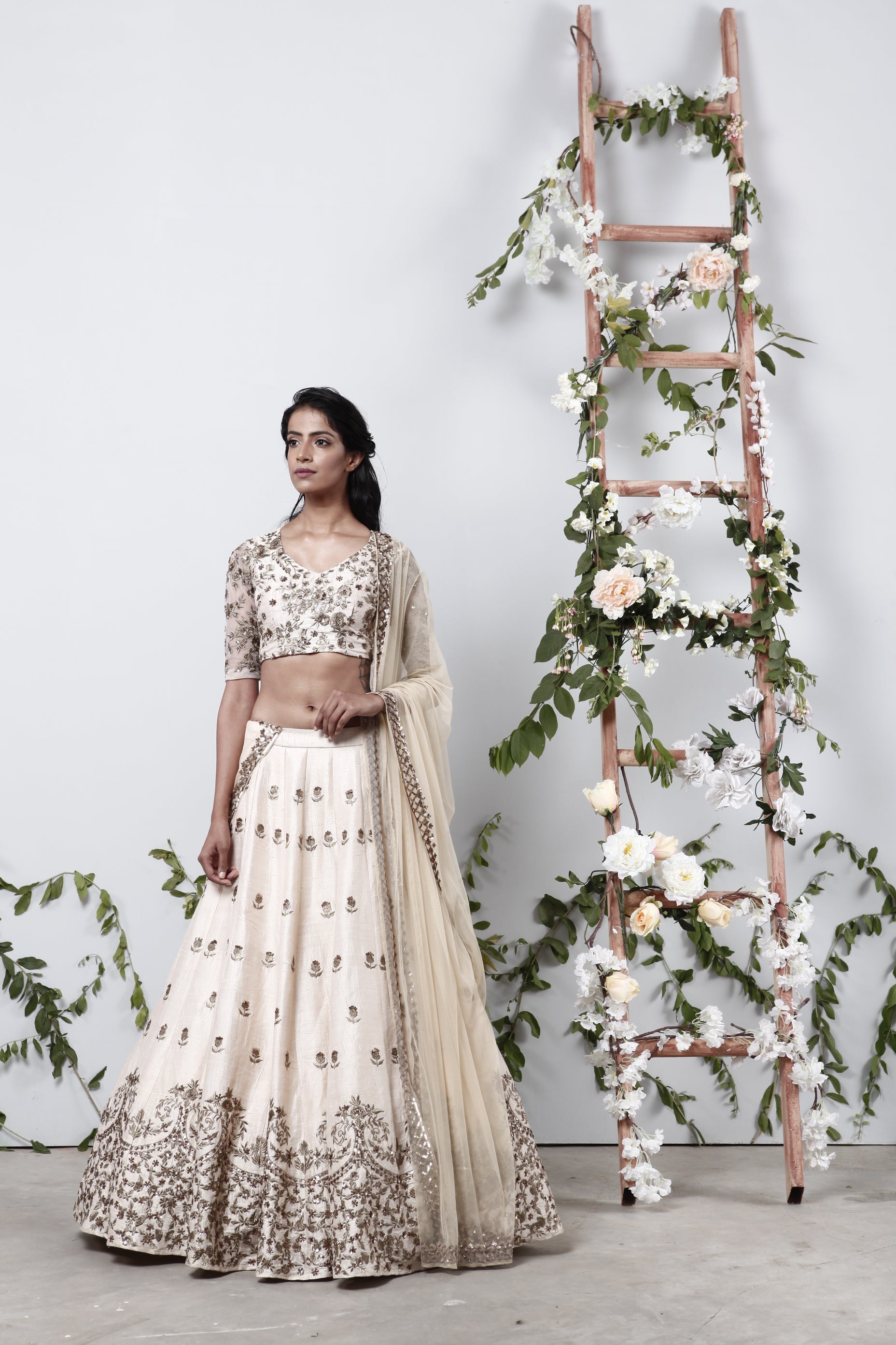 Cream Raw Silk Lehenga With Zari Work