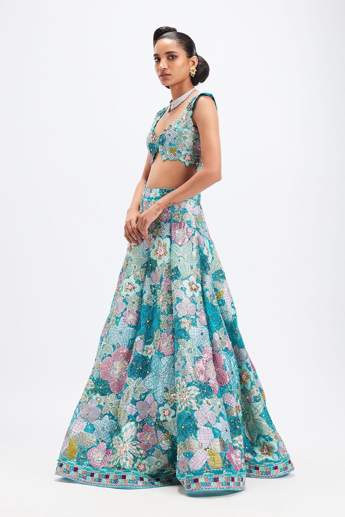 Sharvari In Cyanora - Cyan Blue Tulle Net Big Flower Lehenga Set