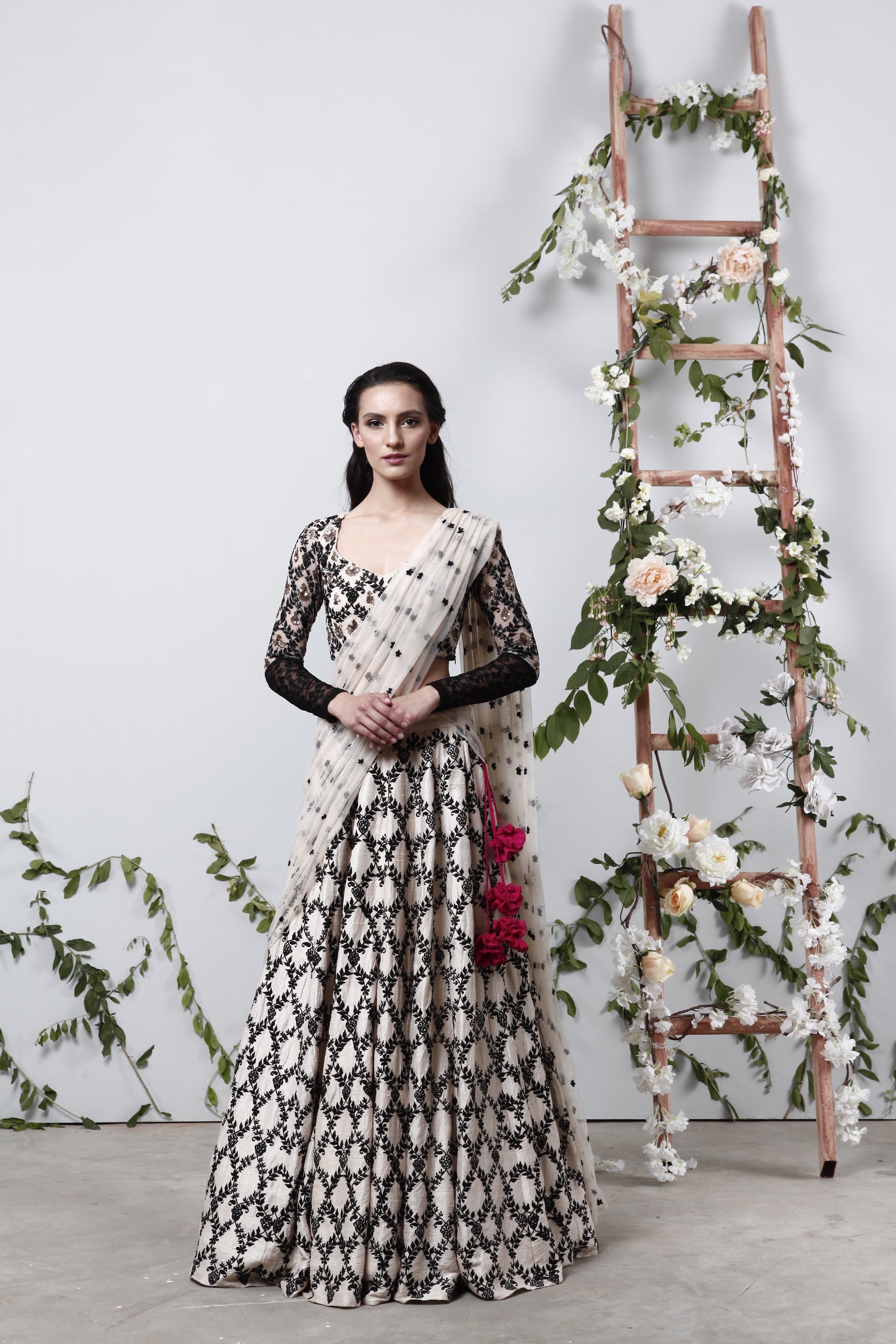 Cream With Black Threadwork Lehenga