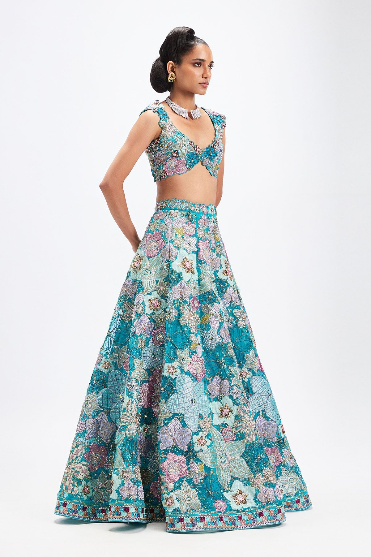 Sharvari In Cyanora - Cyan Blue Tulle Net Big Flower Lehenga Set
