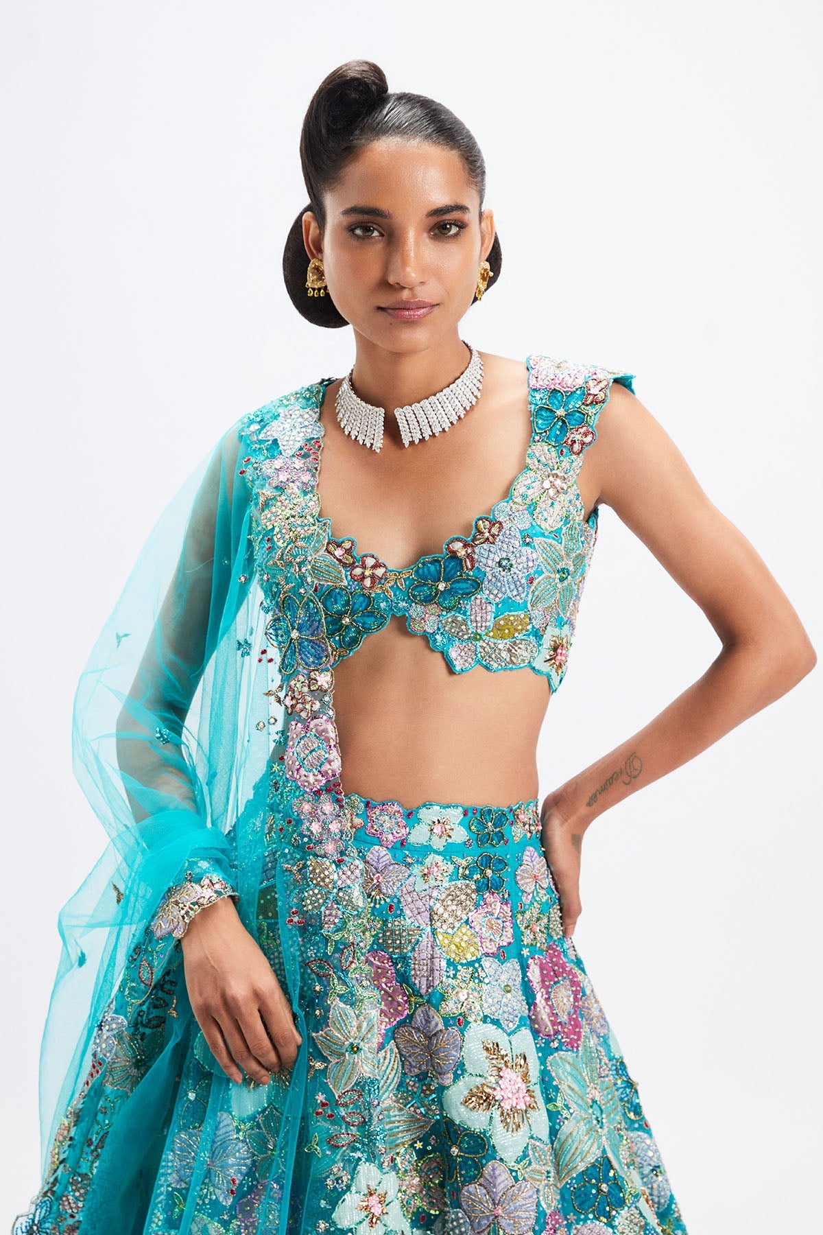 Sharvari In Cyanora - Cyan Blue Tulle Net Big Flower Lehenga Set