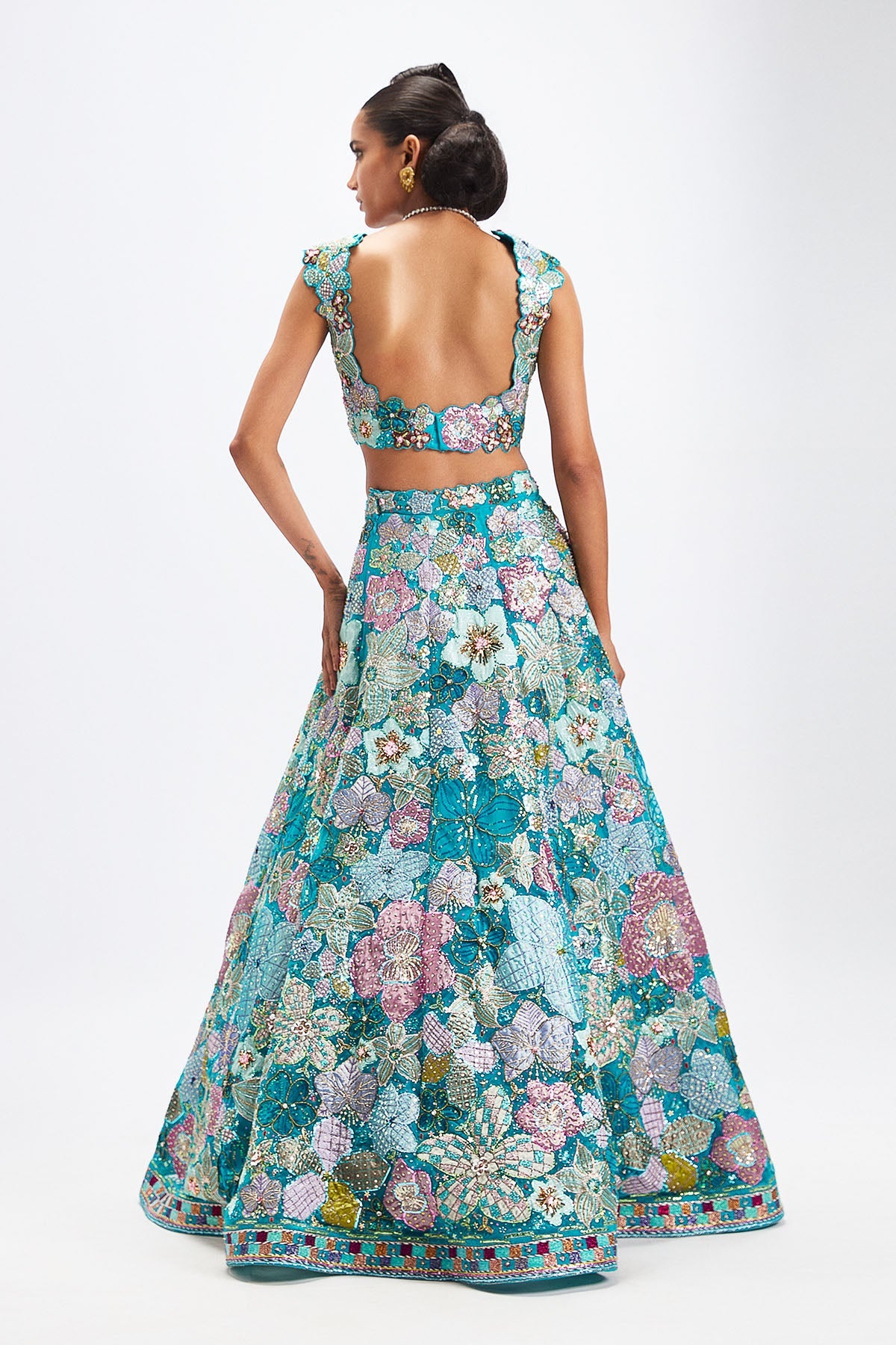 Sharvari In Cyanora - Cyan Blue Tulle Net Big Flower Lehenga Set