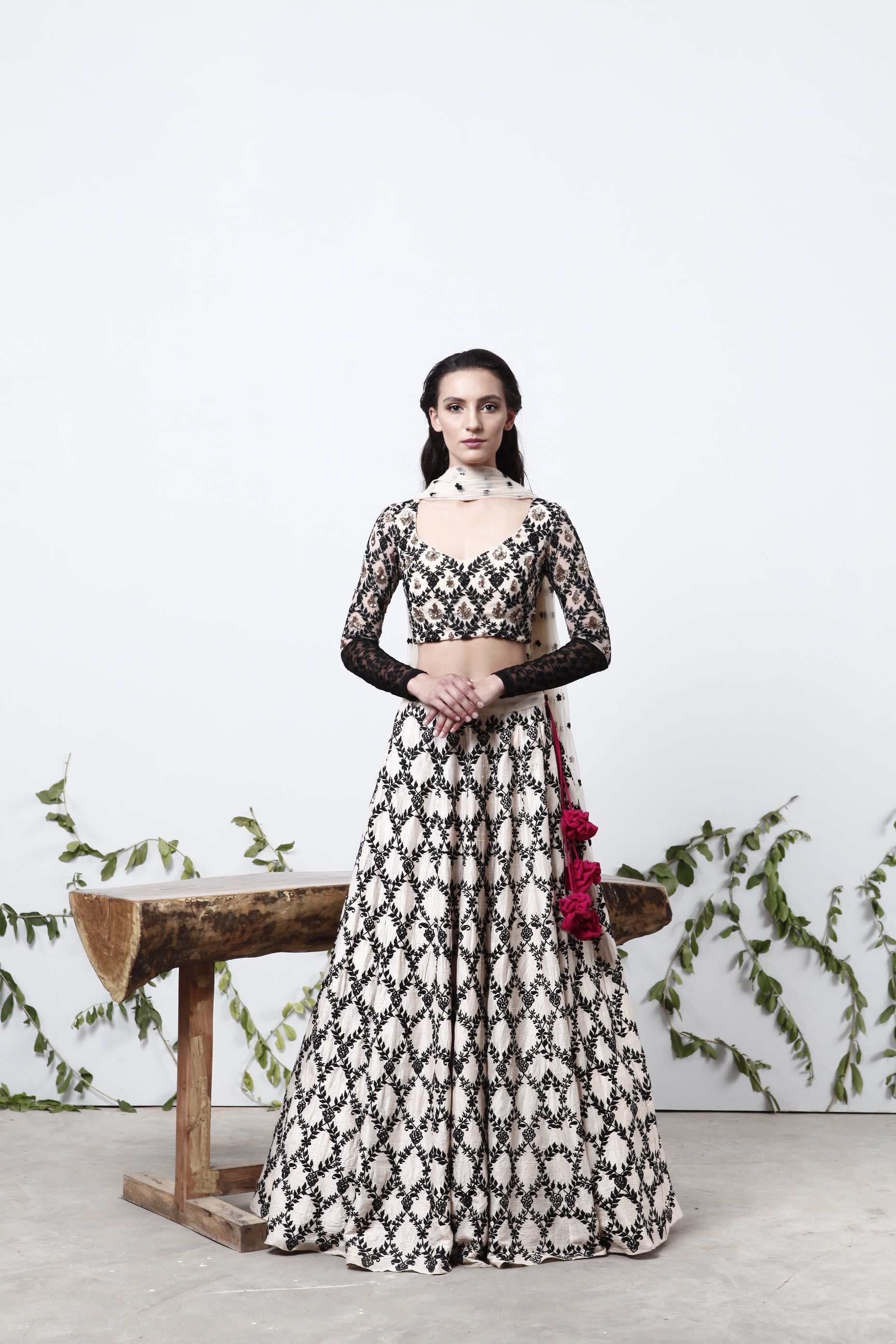 Cream With Black Threadwork Lehenga