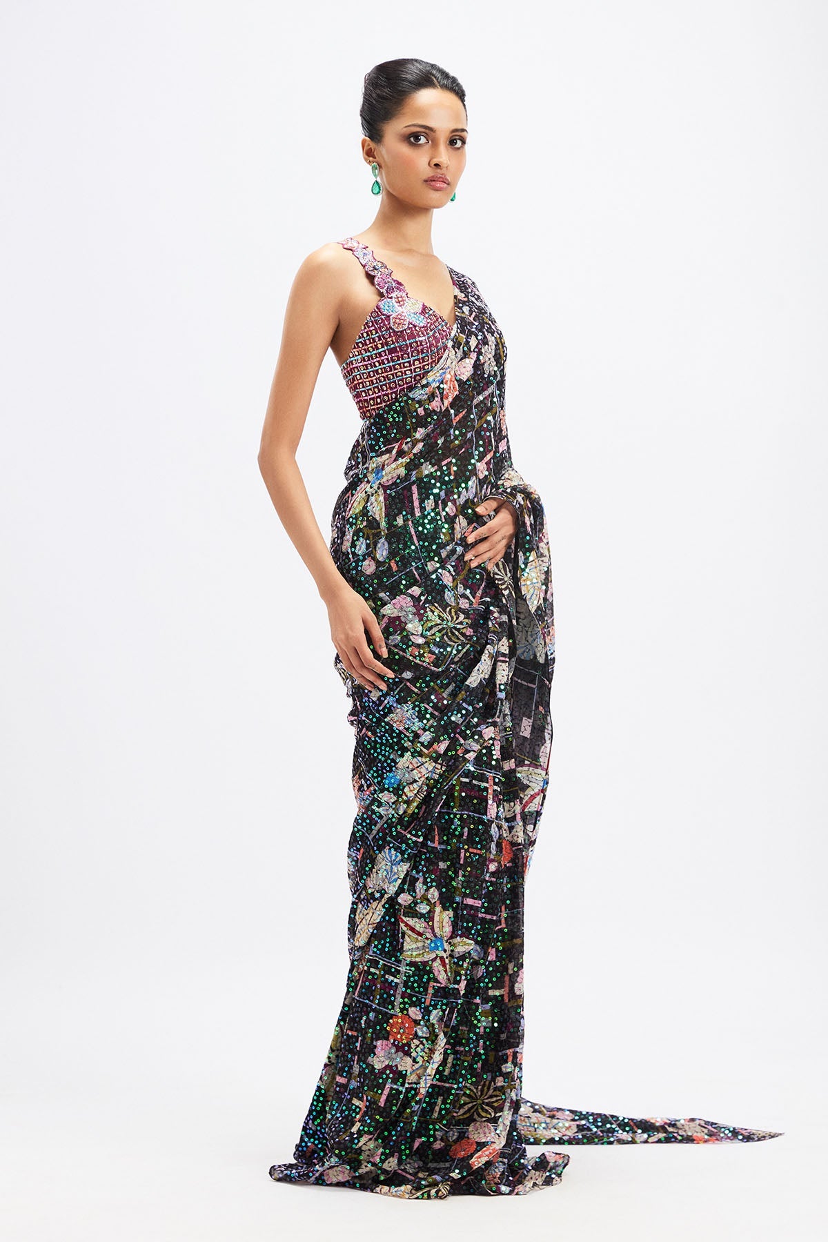 Noctura - Black- Plum Sequin Tulle Saree Set