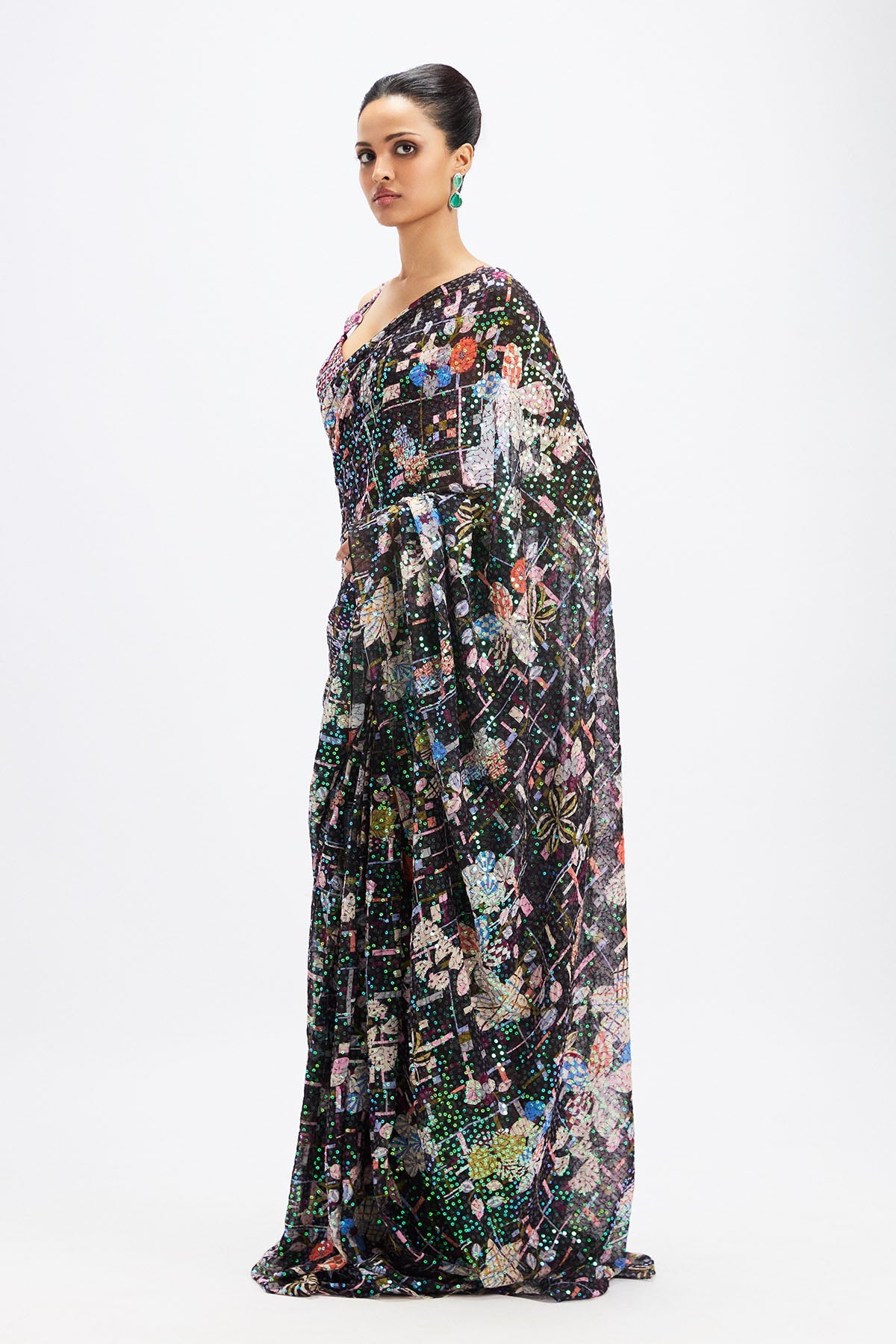 Noctura - Black- Plum Sequin Tulle Saree Set