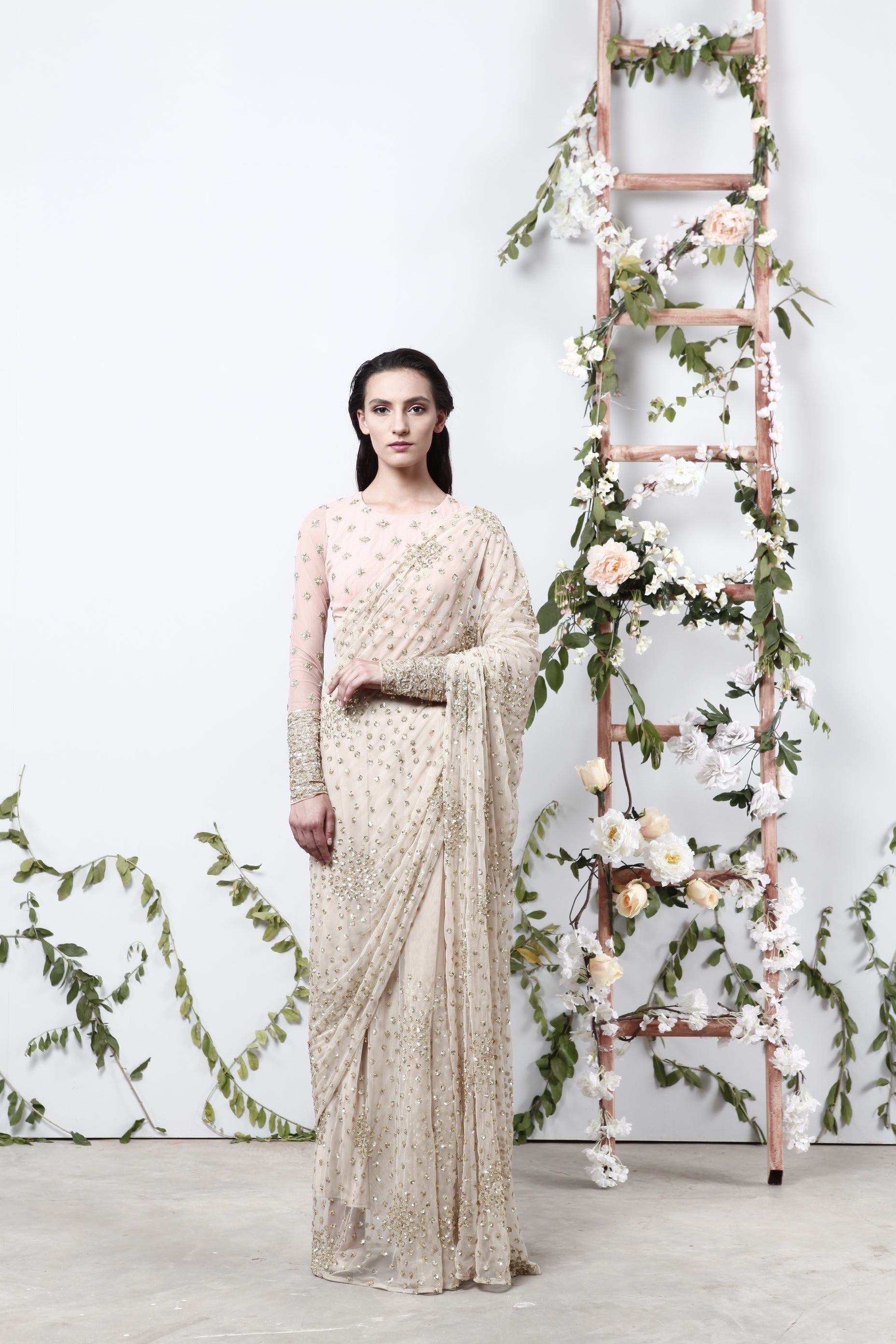 Off White Shimmer Saree Set