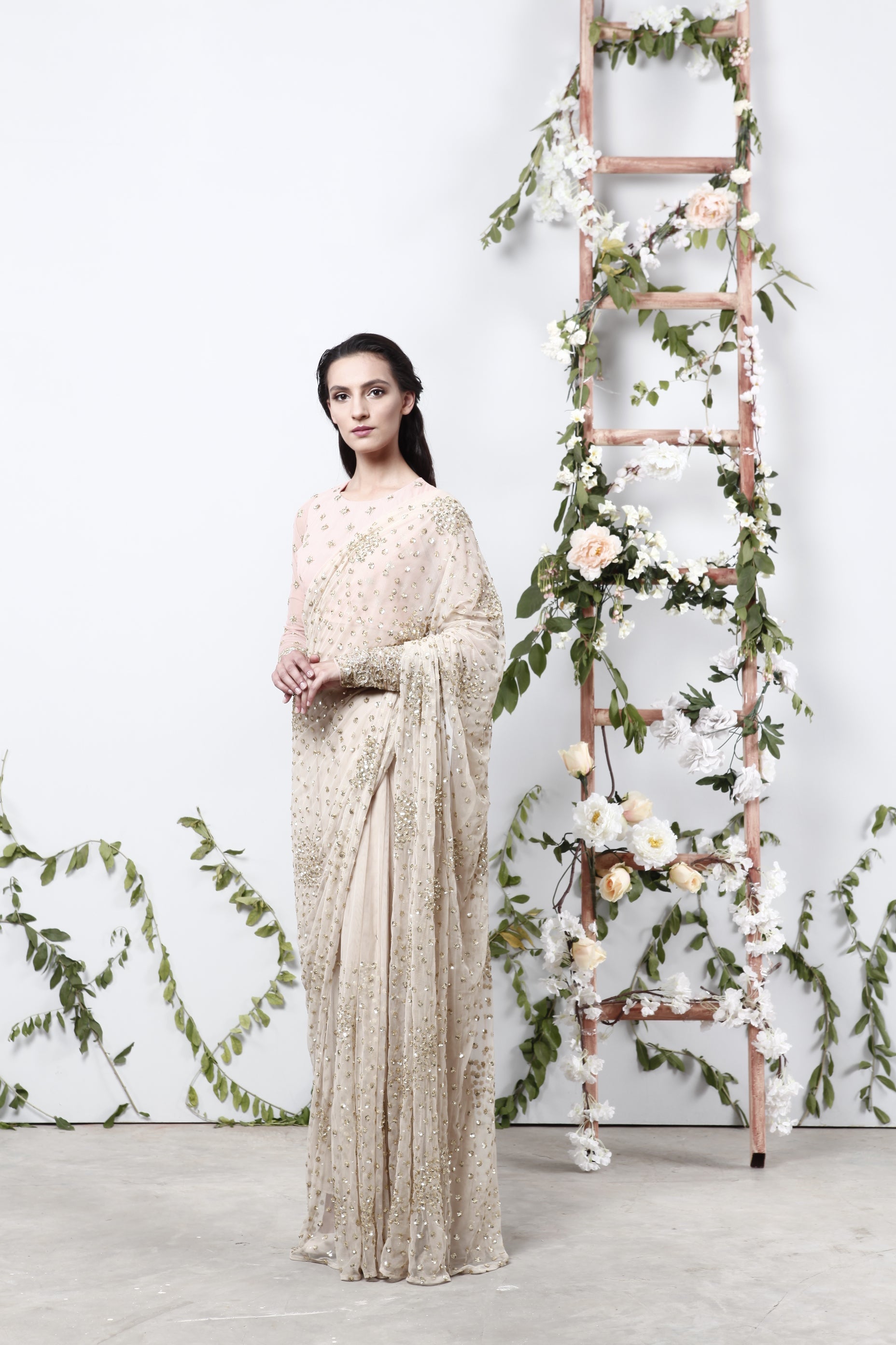 Off White Shimmer Saree Set