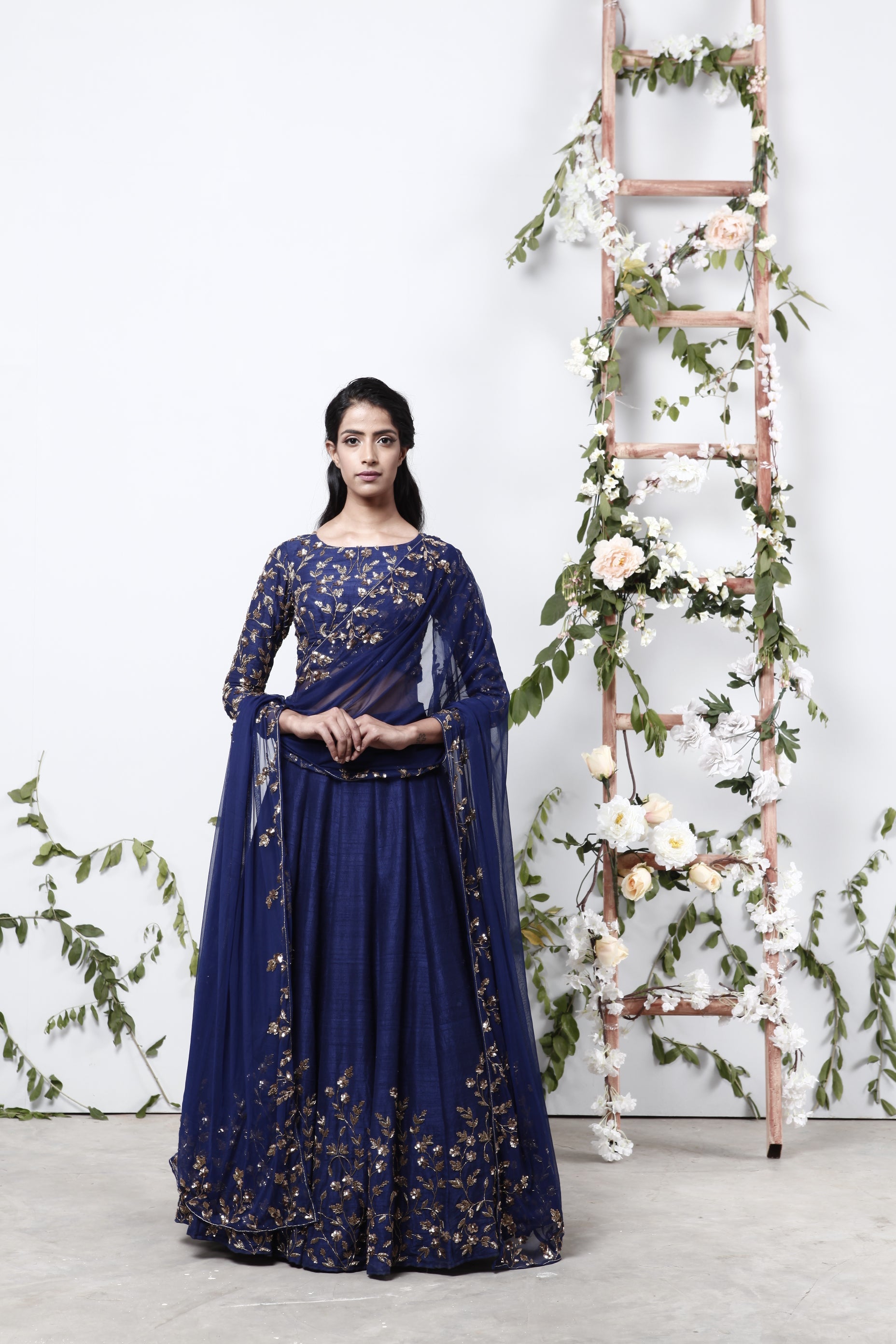 Navy Blue Lehenga With Floral Jaal Blouse
