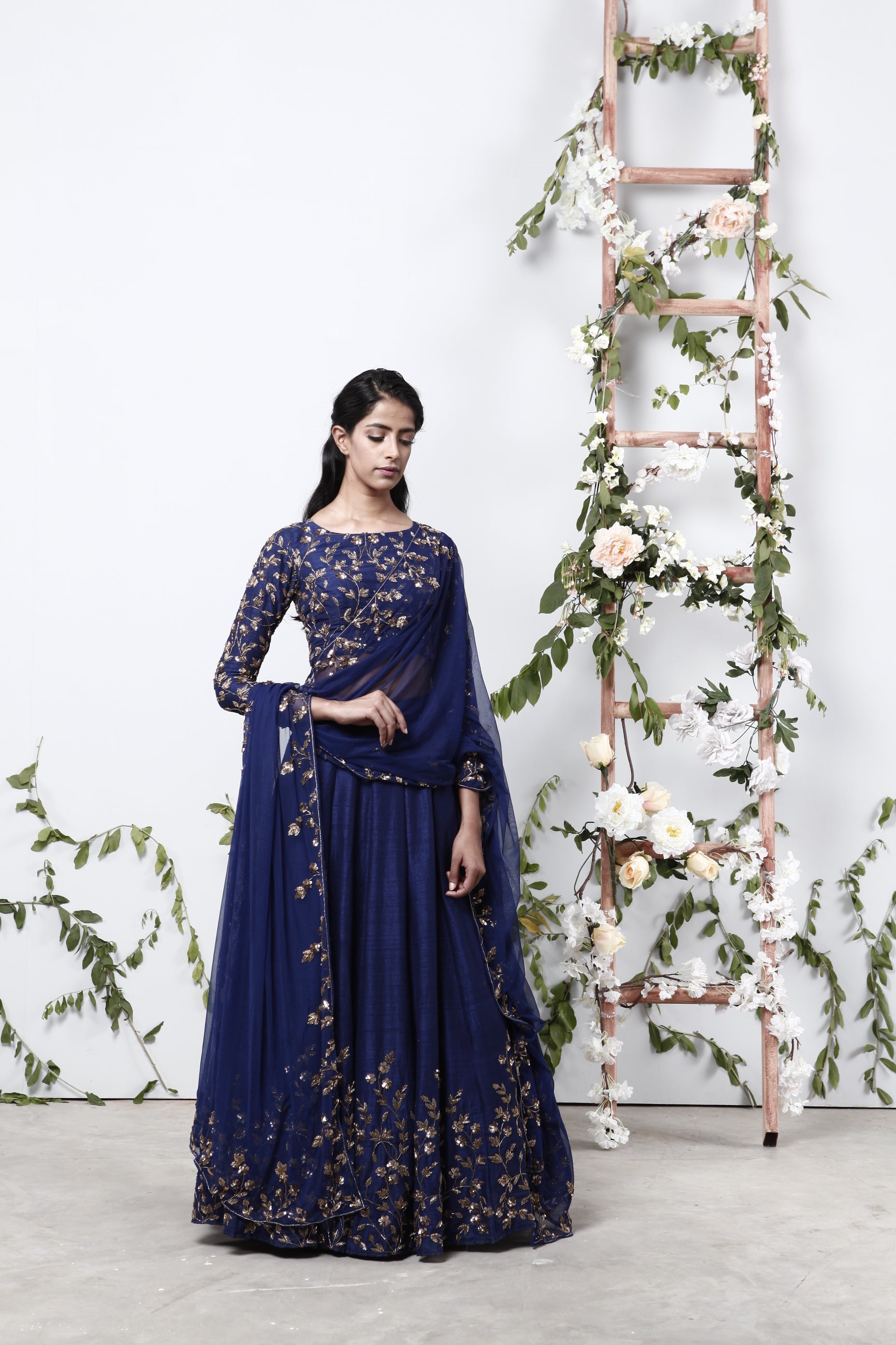 Navy Blue Lehenga With Floral Jaal Blouse