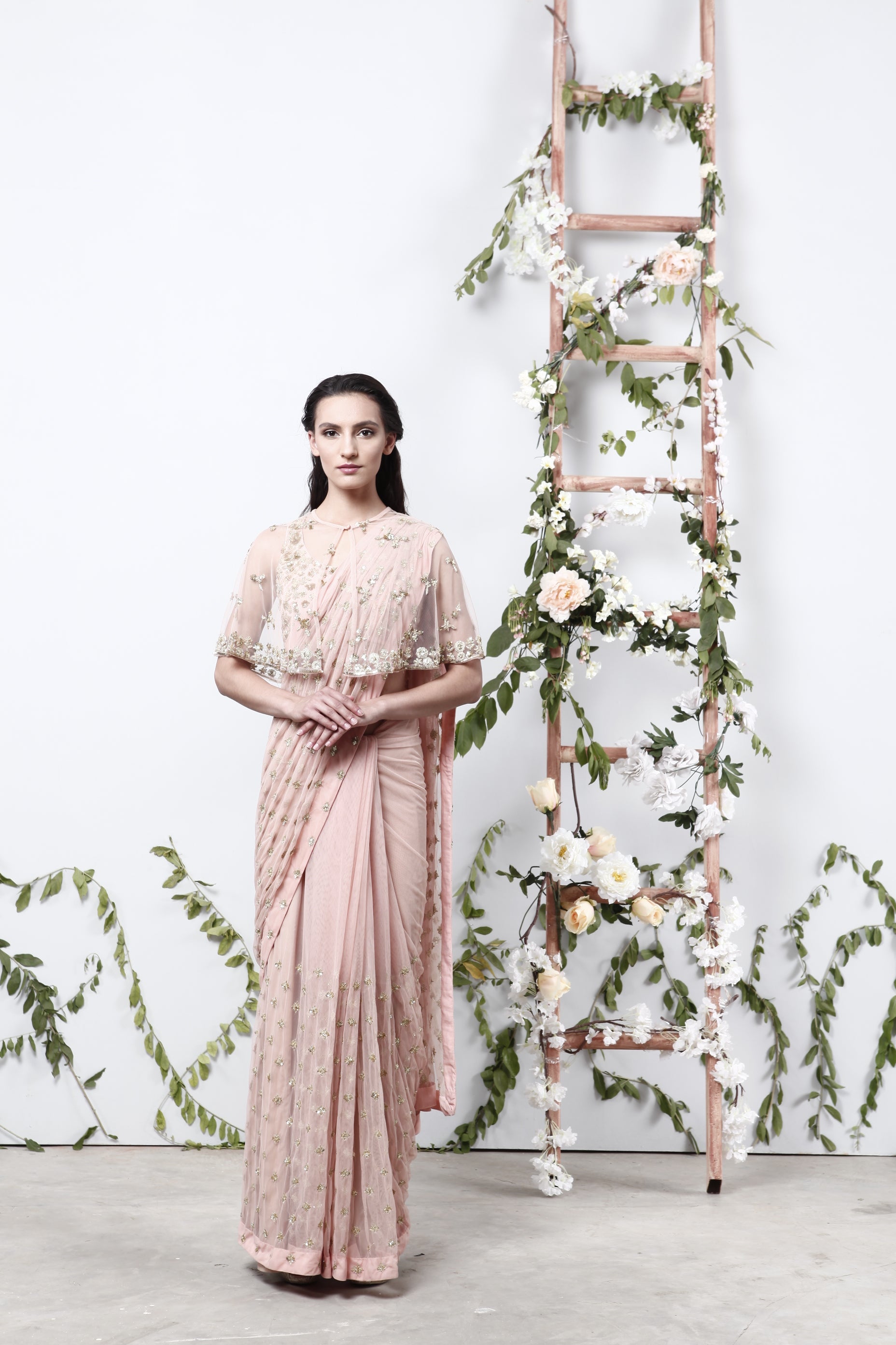 Pink Saree With Cape