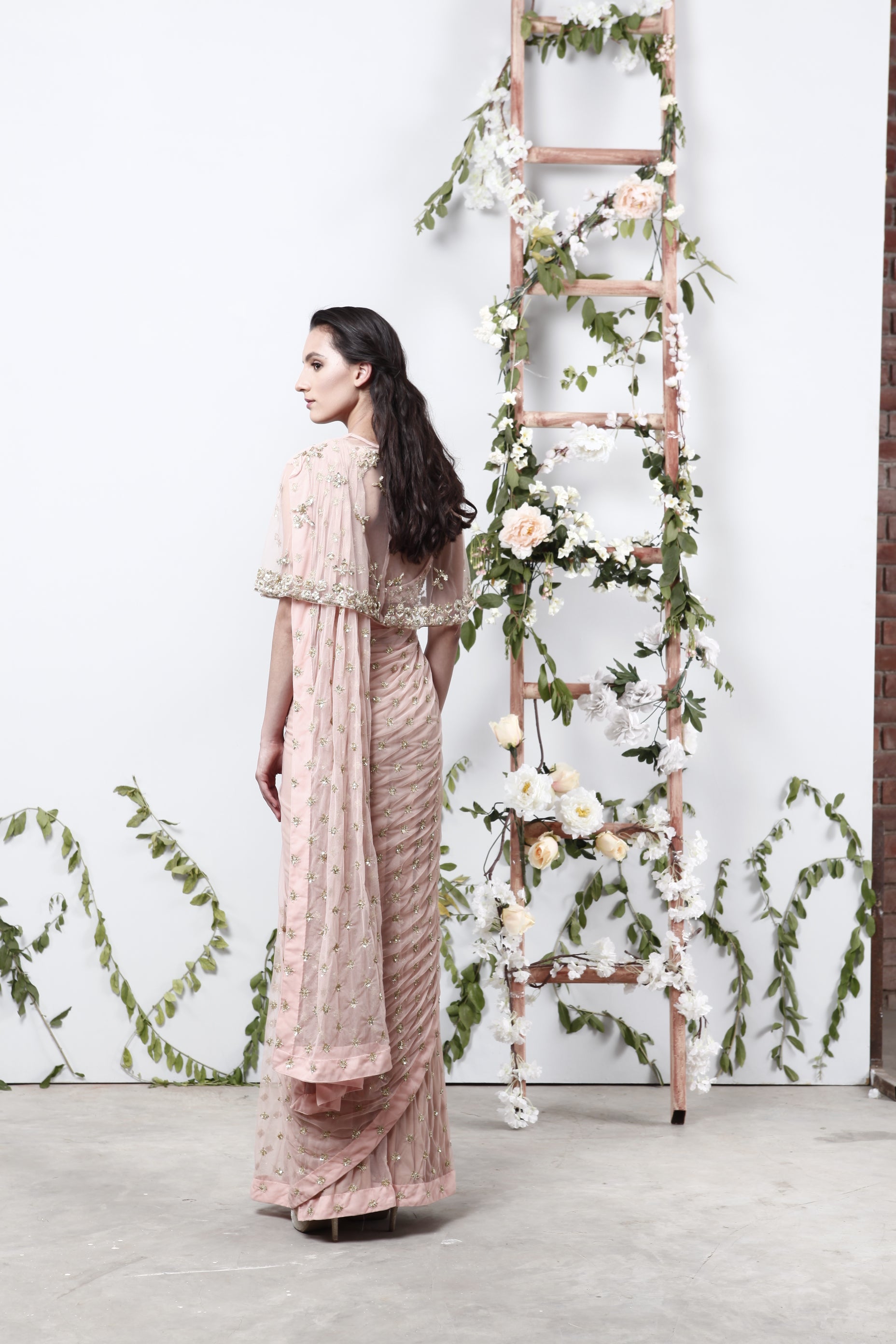 Pink Saree With Cape