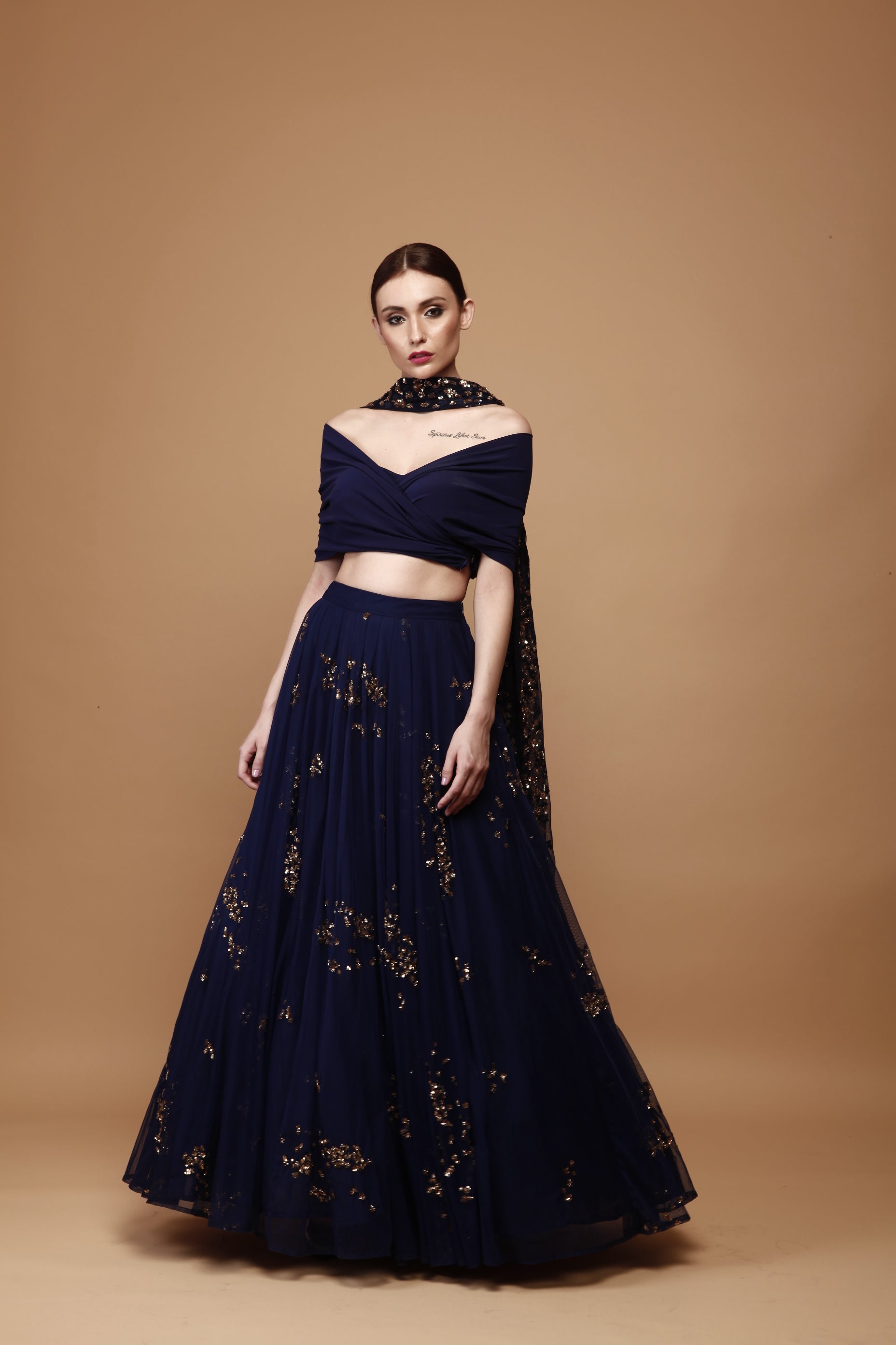 Navy Blue Lehenga With Wrap Blouse