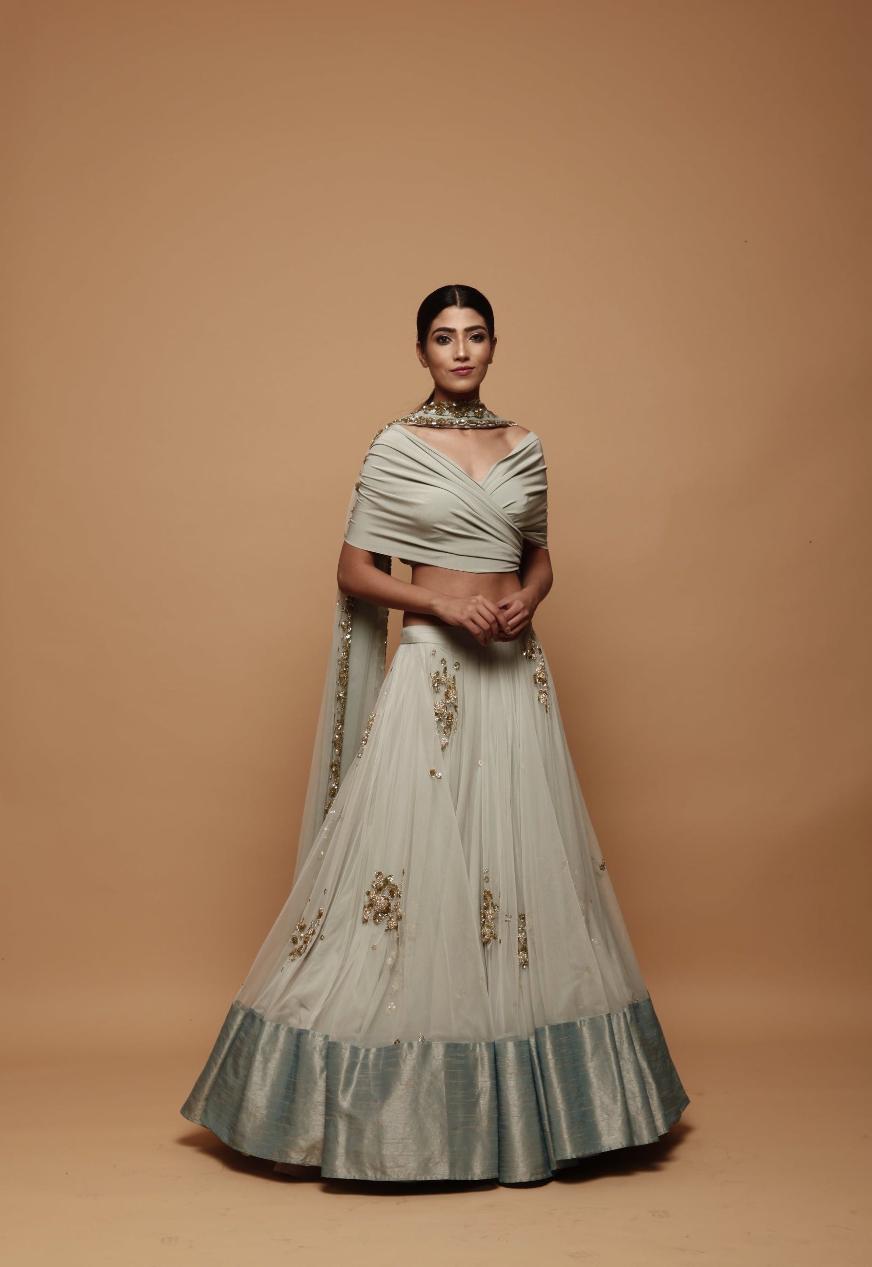 Light Blue Lehenga With Drape Blouse