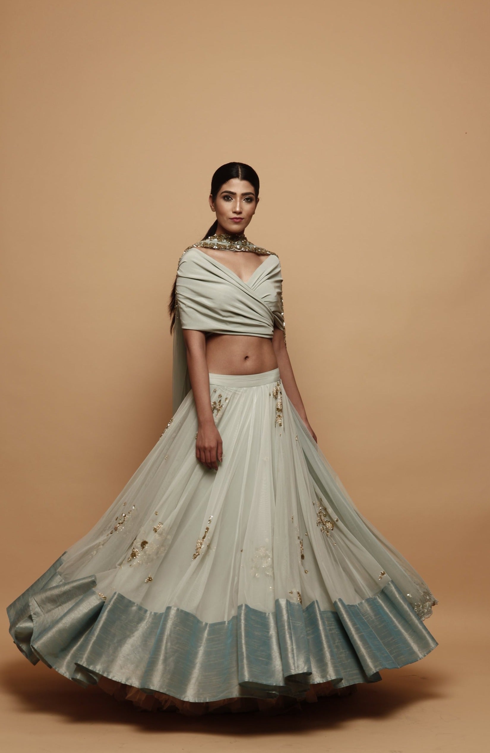 Light Blue Lehenga With Drape Blouse